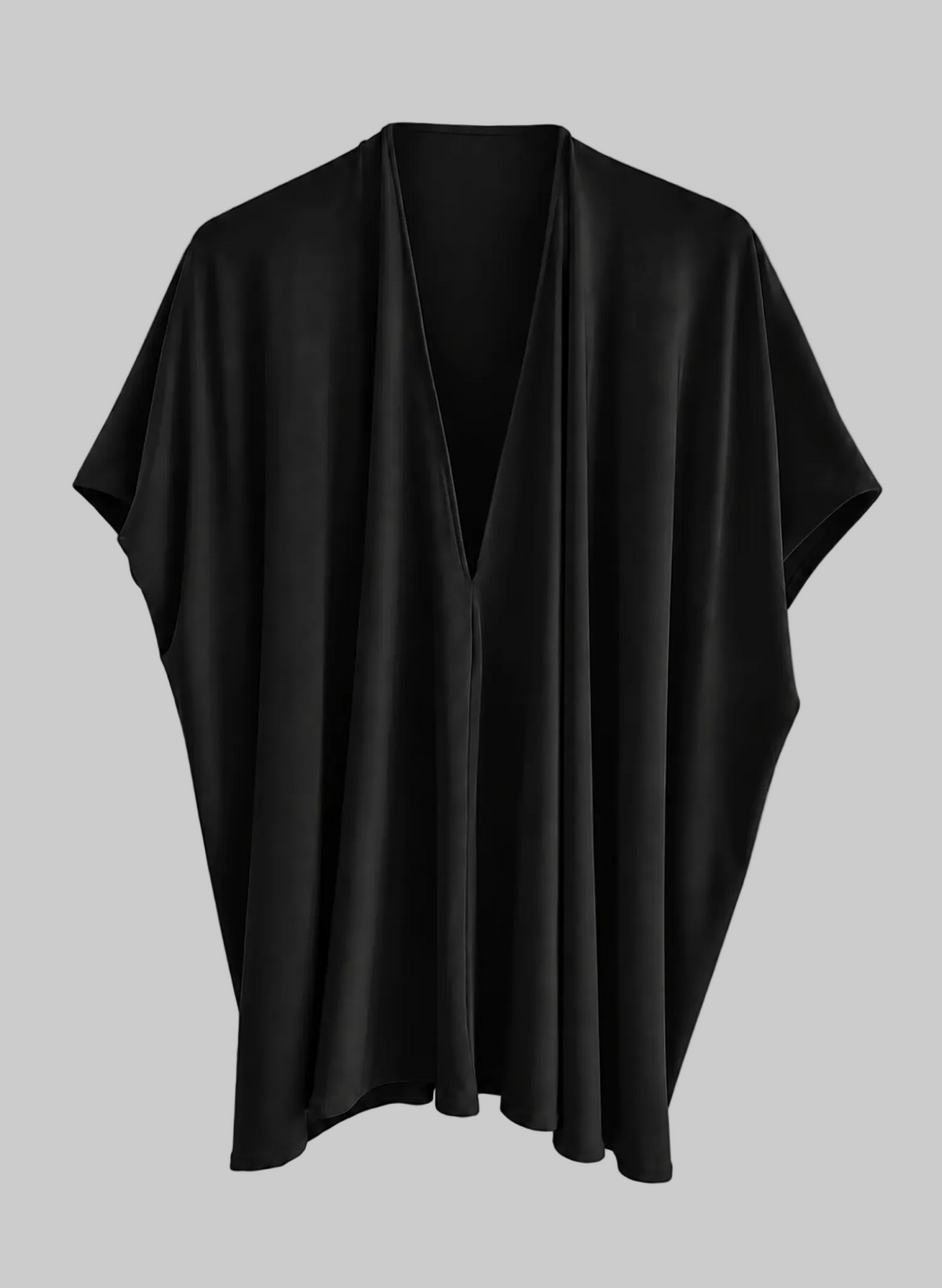 A black draped open-front cardigan or poncho-style top with wide short sleeves, shown on a plain white background.