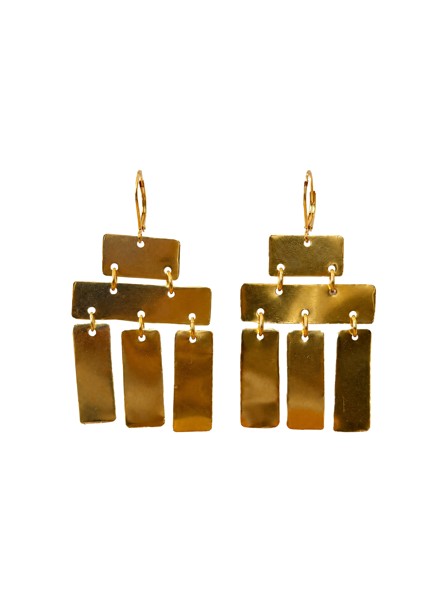 A pair of gold-toned geometric dangle earrings with rectangular metal plates of varying sizes, shown against a plain white background.