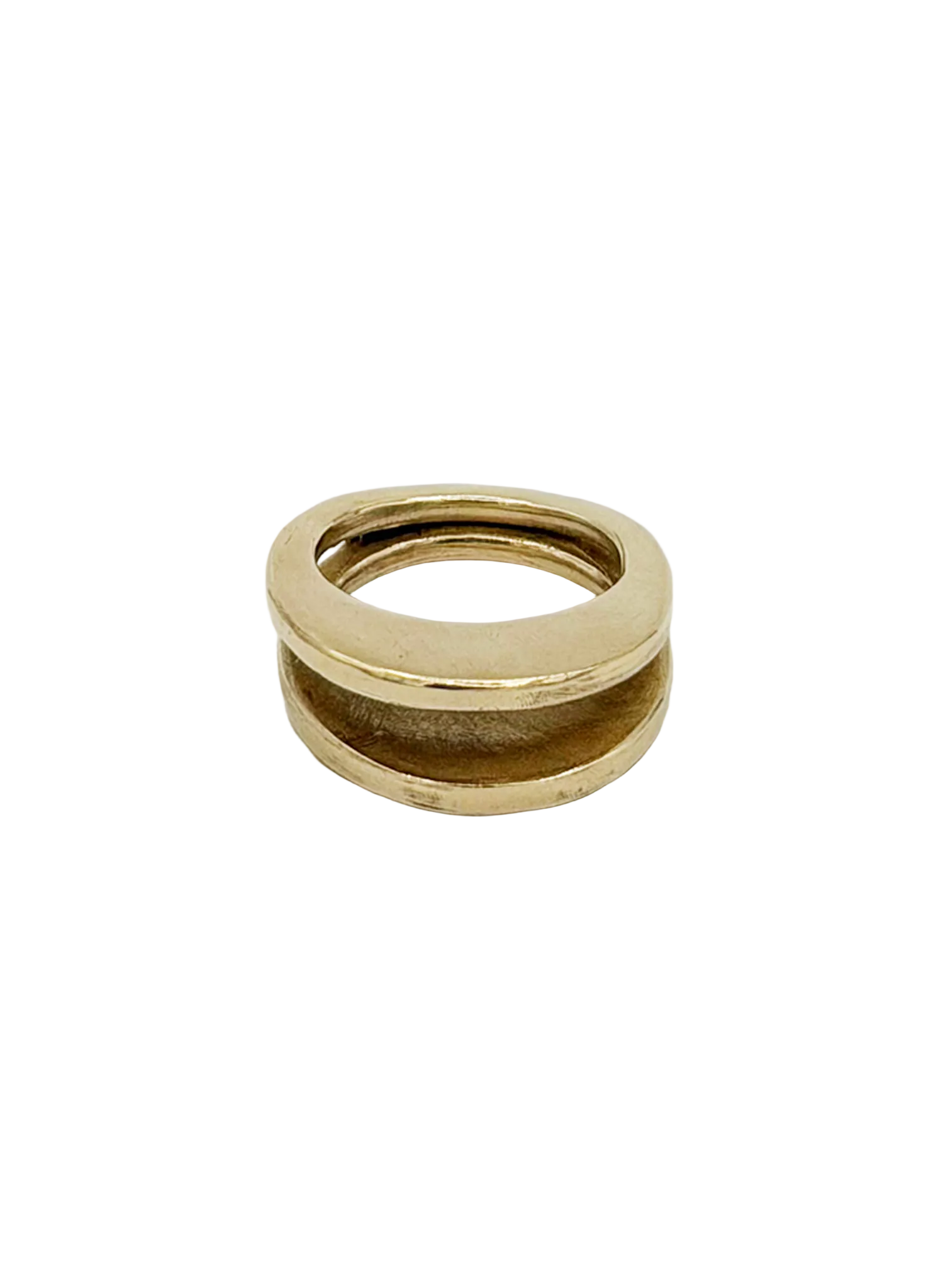 A gold-colored double-band ring with a textured, matte finish on the lower band and a polished, reflective finish on the upper band, shown on a plain white background.