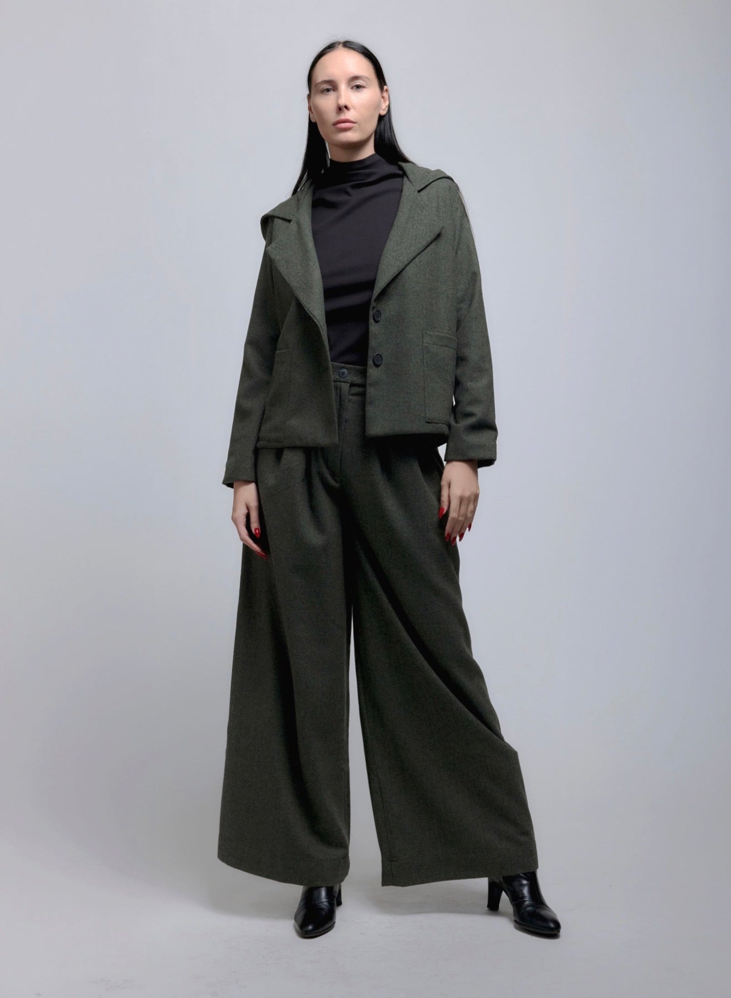 Atlas Slouchy Trouser - Olive Herringbone - Meg