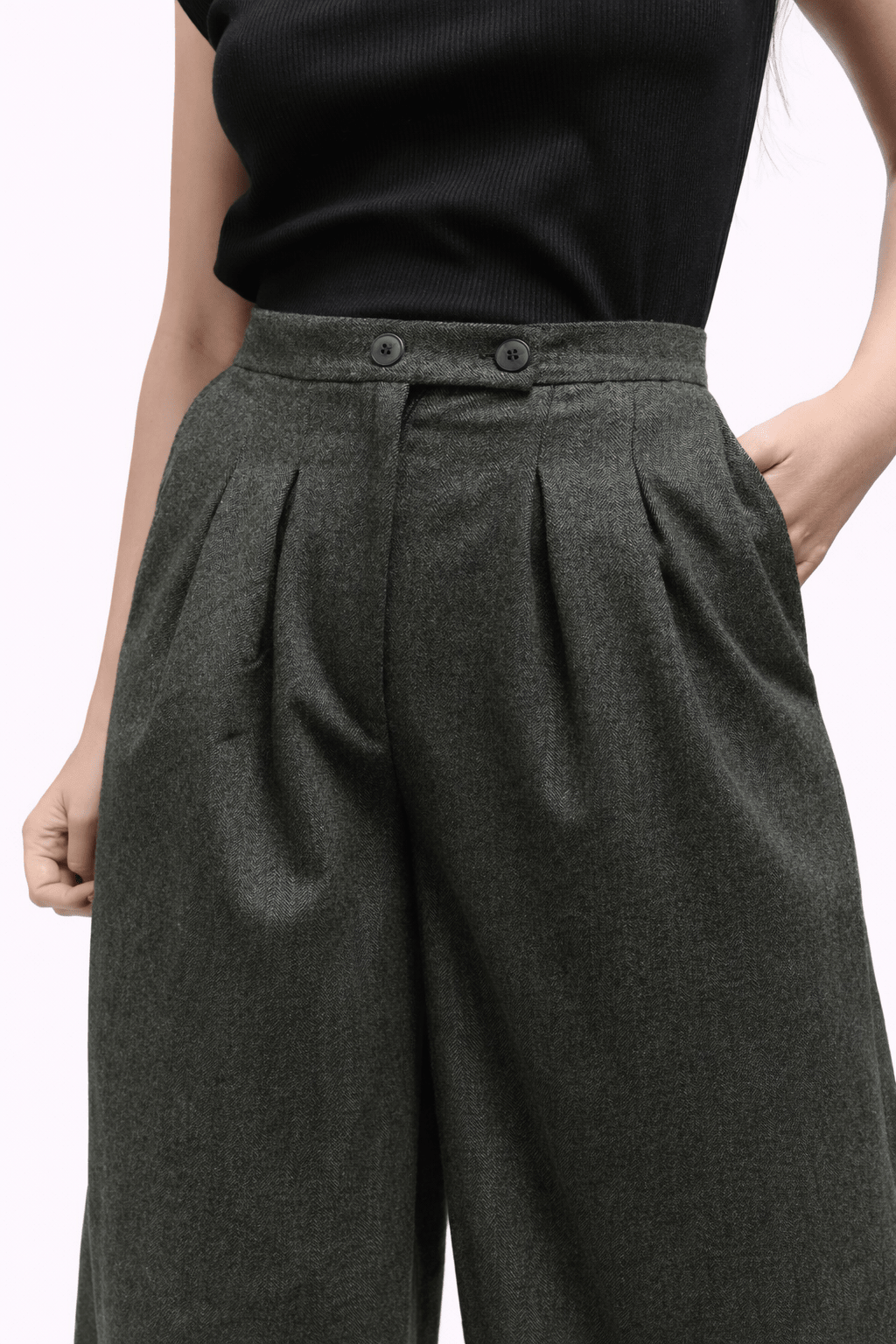 Atlas Slouchy Trouser - Olive Herringbone - Meg