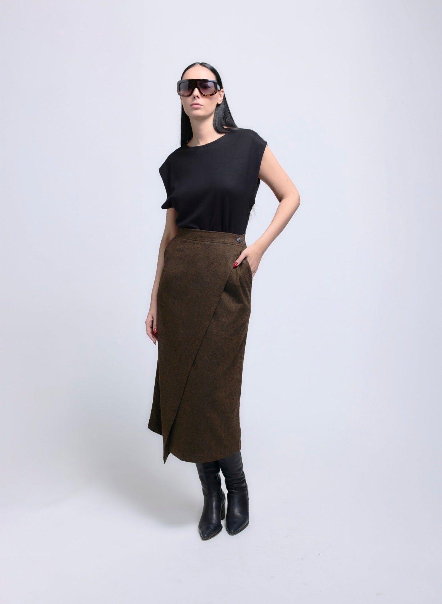 Atlas Wrap Skirt - Brown Herringbone - Meg
