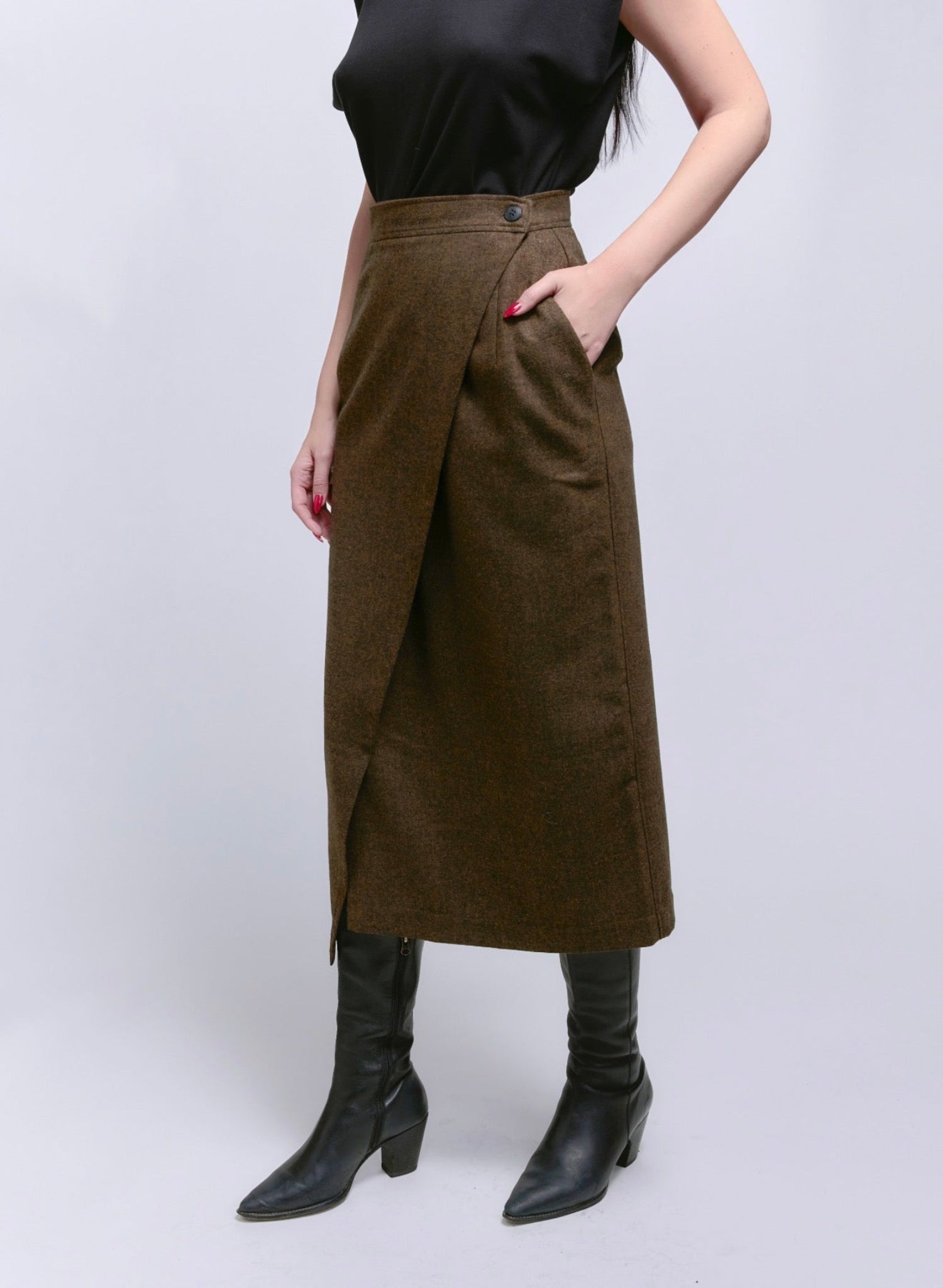 Atlas Wrap Skirt - Brown Herringbone - Meg