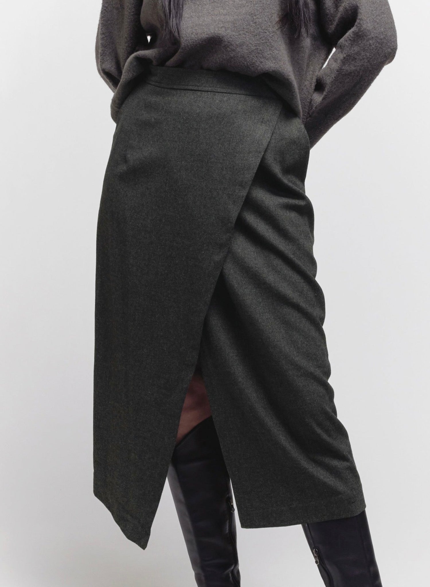 Atlas Wrap Skirt - Olive Herringbone - Meg
