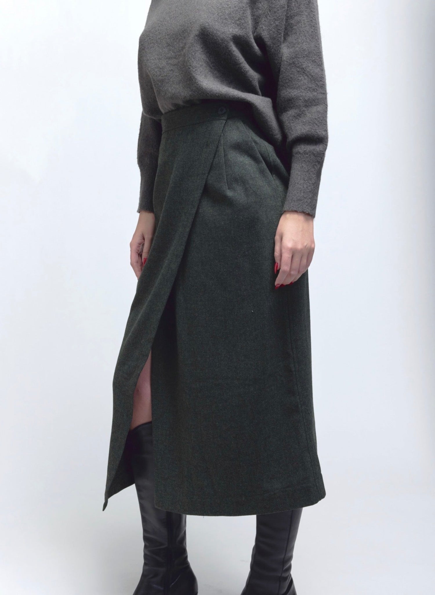 Atlas Wrap Skirt - Olive Herringbone - Meg