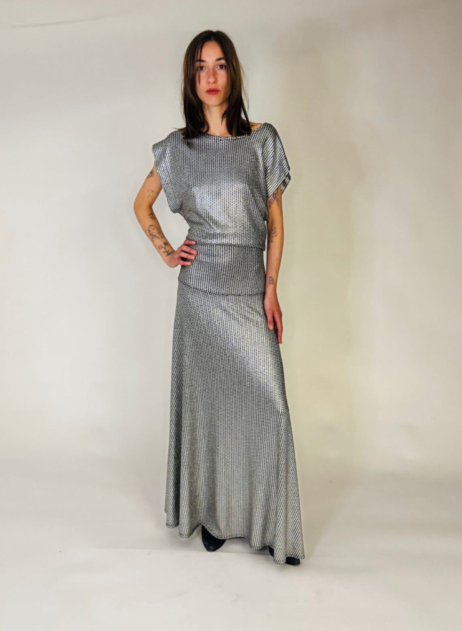 Knit Maxi Circle Skirt - Metallic Silver Long Skirt - Meg