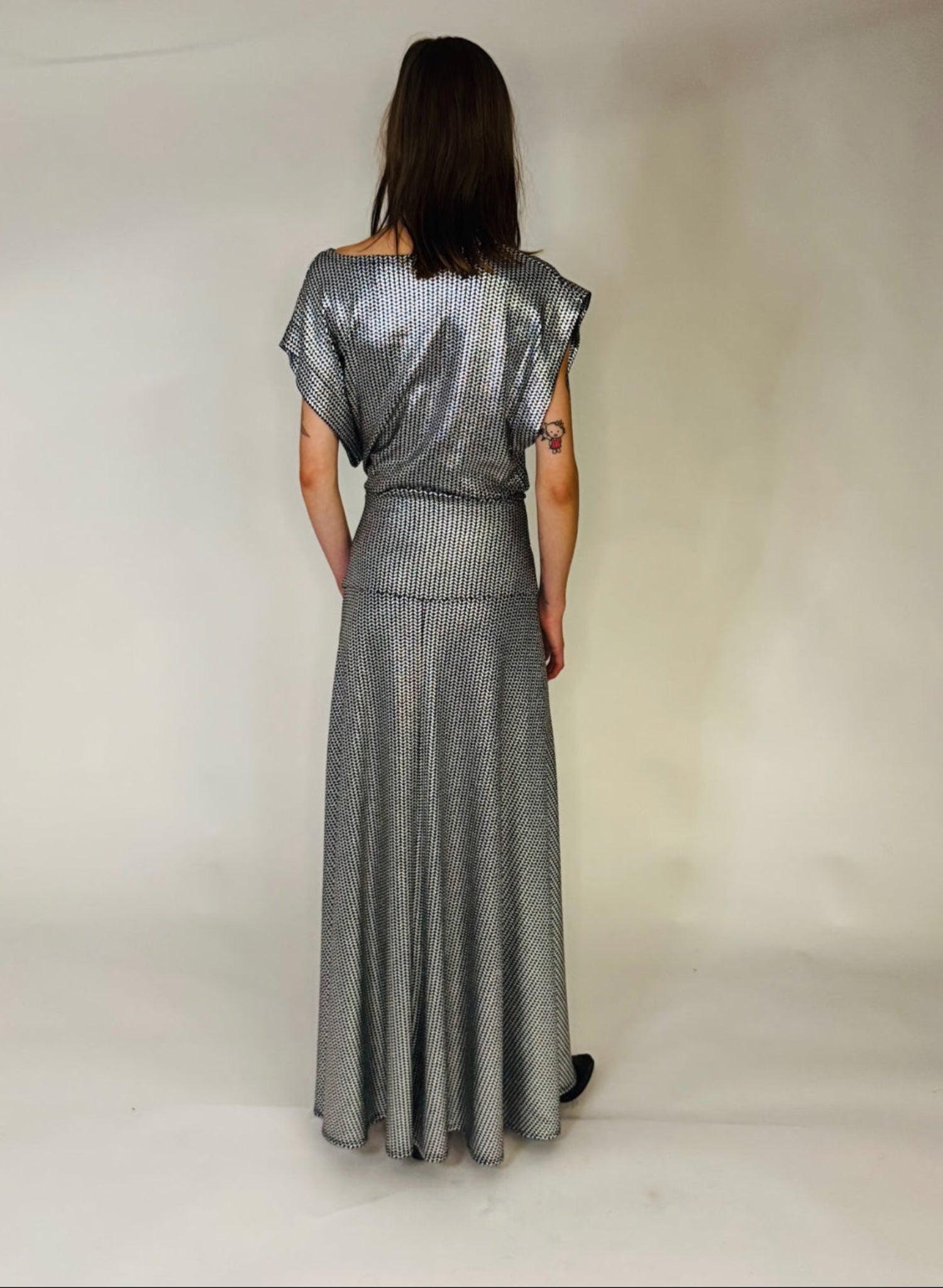 Knit Maxi Circle Skirt - Metallic Silver Long Skirt - Meg