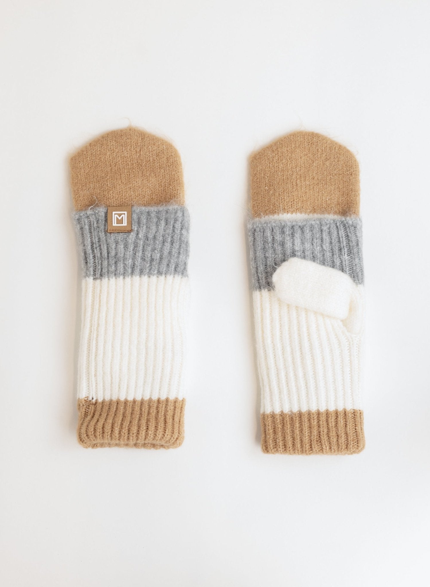 Color Block Knit Mittens - Camel - Meg