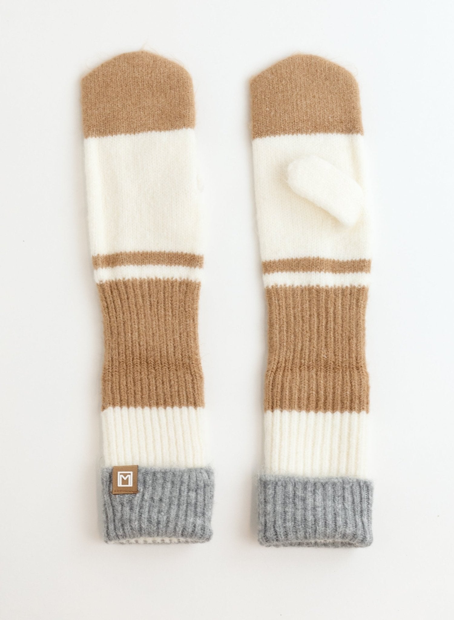 Color Block Knit Mittens - Camel - Meg