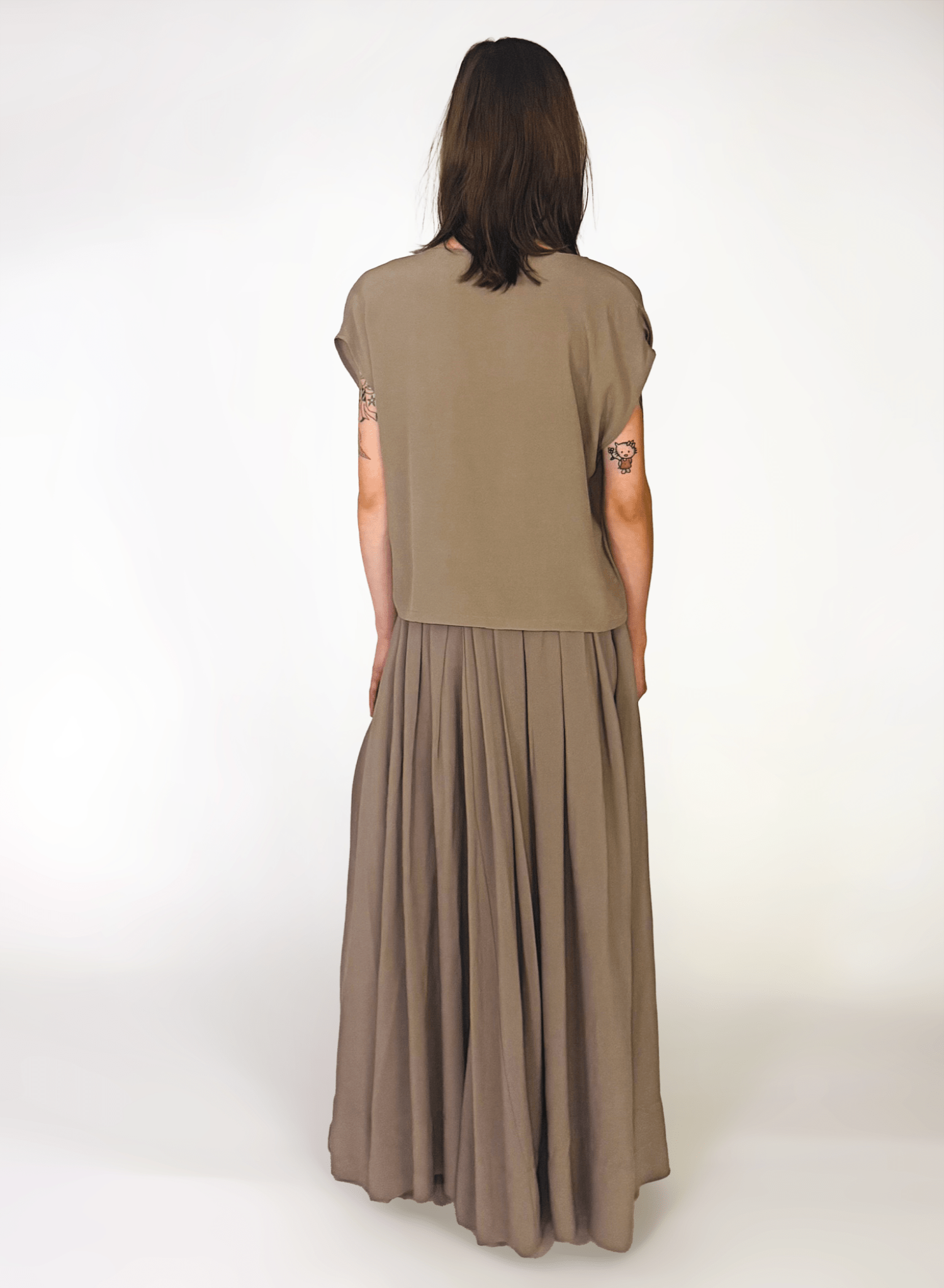 Lightweight drapy cowl neck short sleeve top - beige grey - Meg