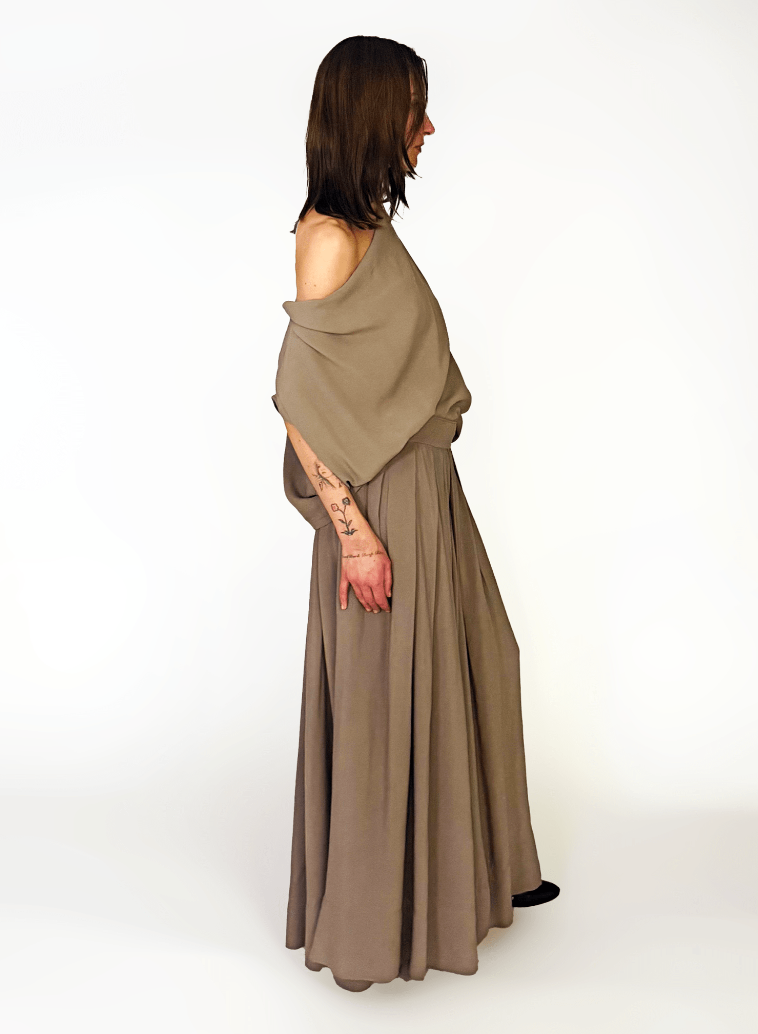 Lightweight drapy cowl neck short sleeve top - beige grey - Meg