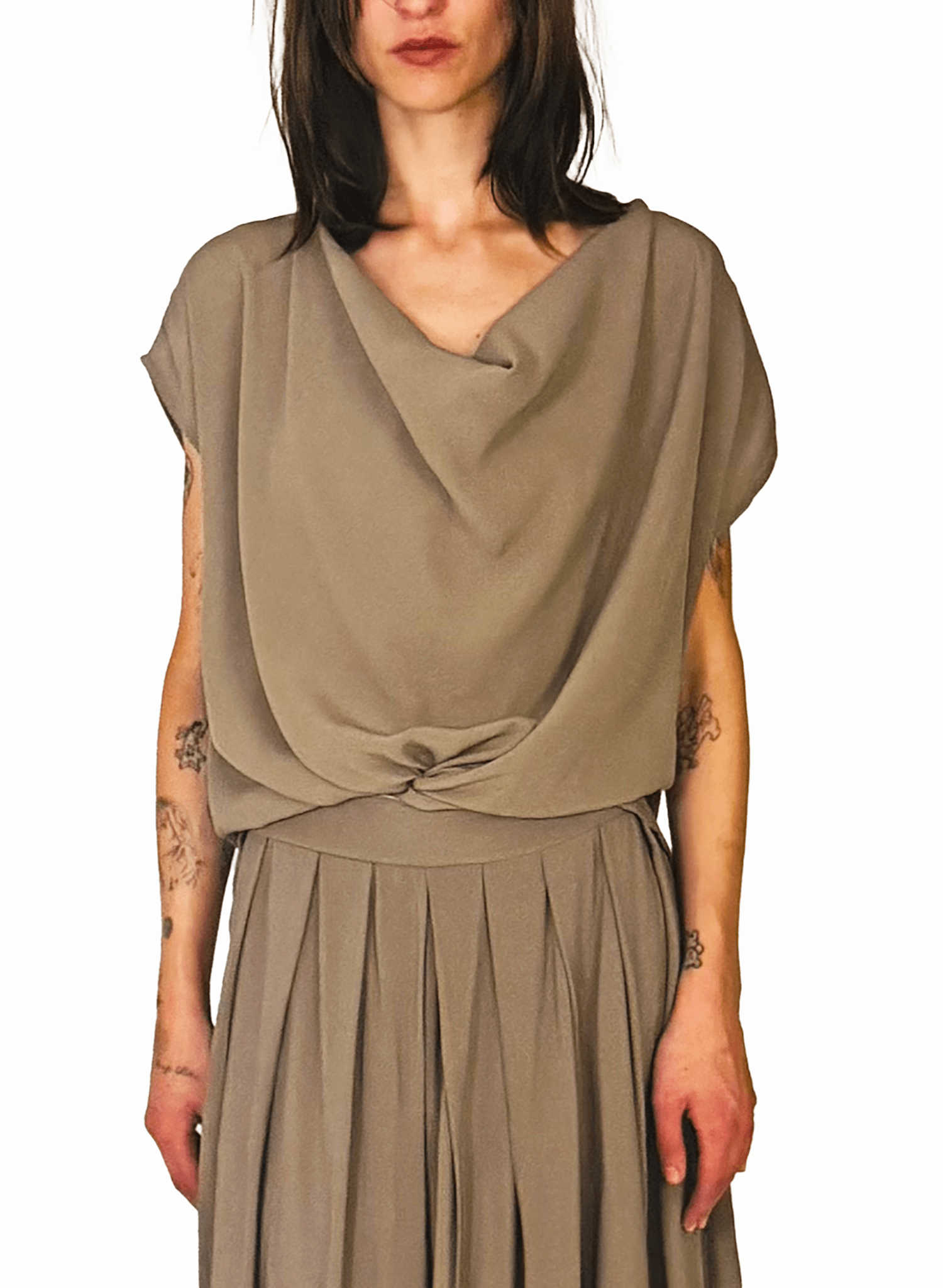 Lightweight drapy cowl neck short sleeve top - beige grey - Meg