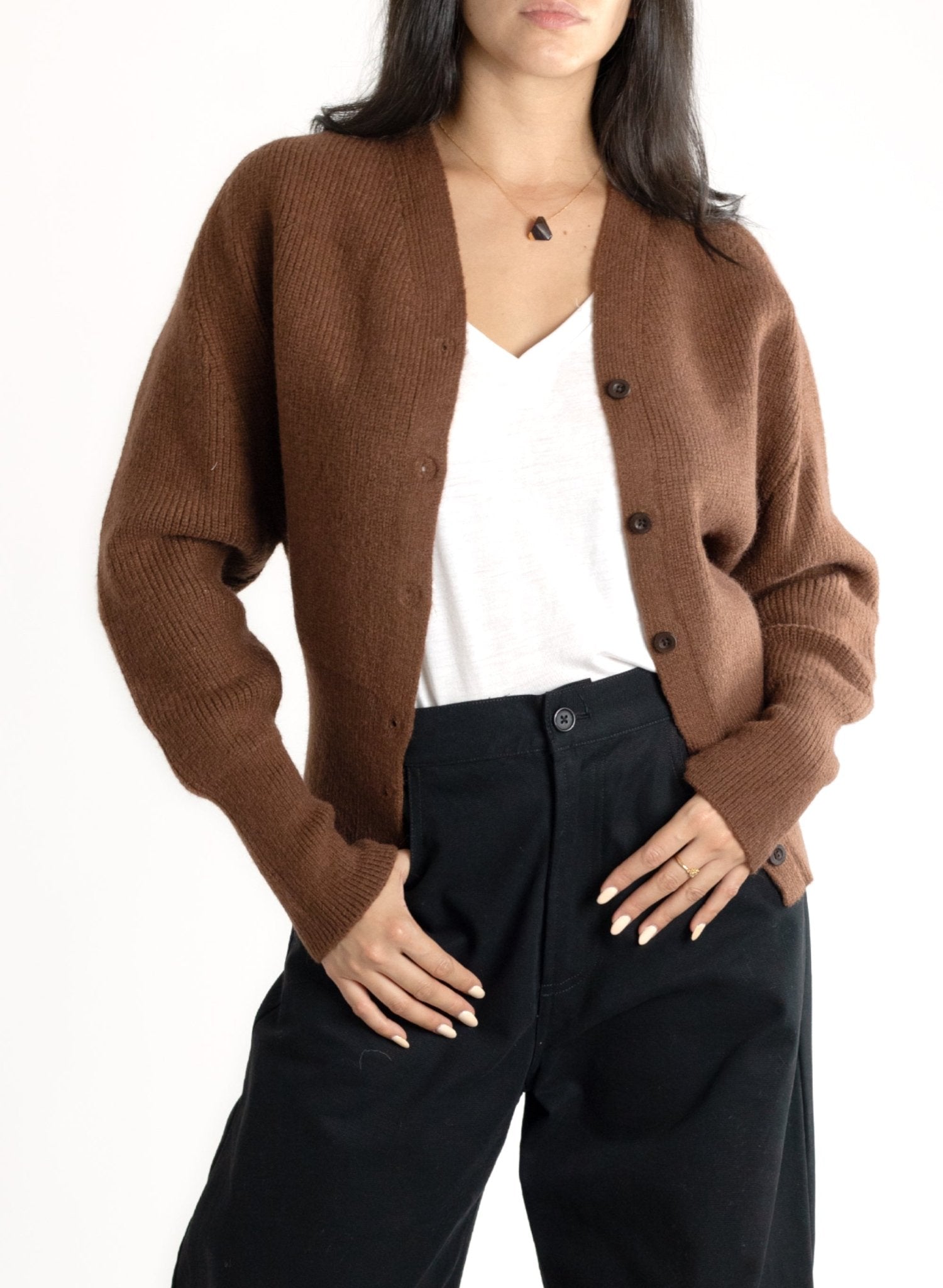 Dolman Sleeve V - Neck Cardigan - Brown - Meg