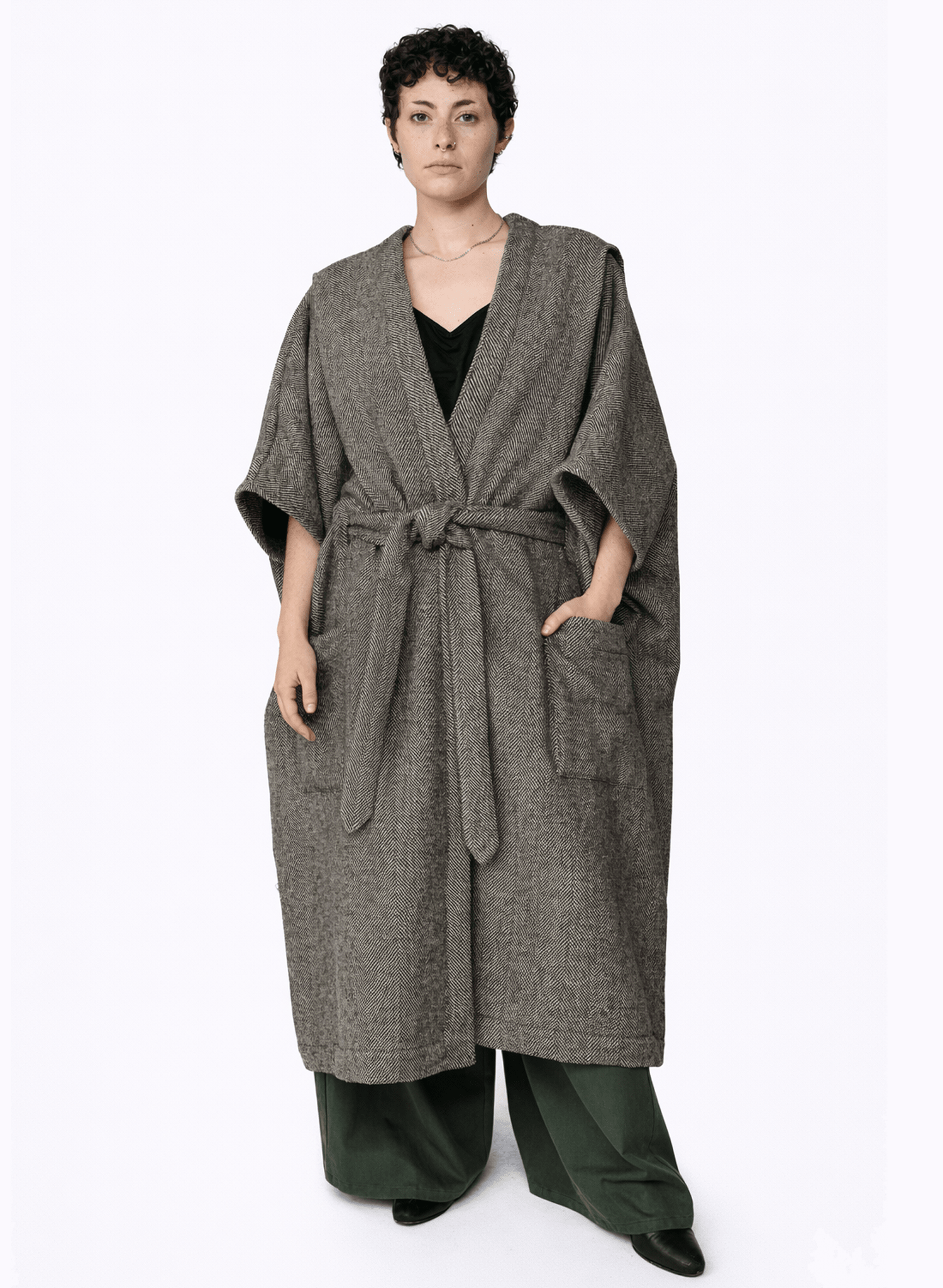 Draped Coat - Ivory Herringbone - Meg