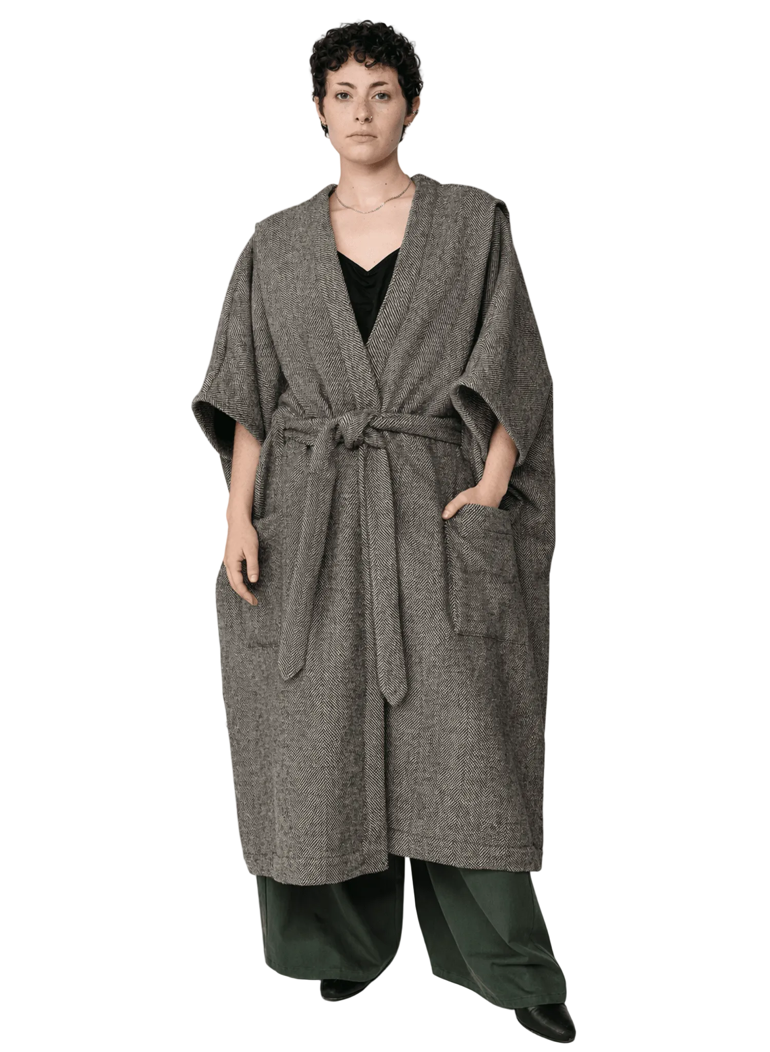 Draped Coat - Ivory Herringbone - Meg