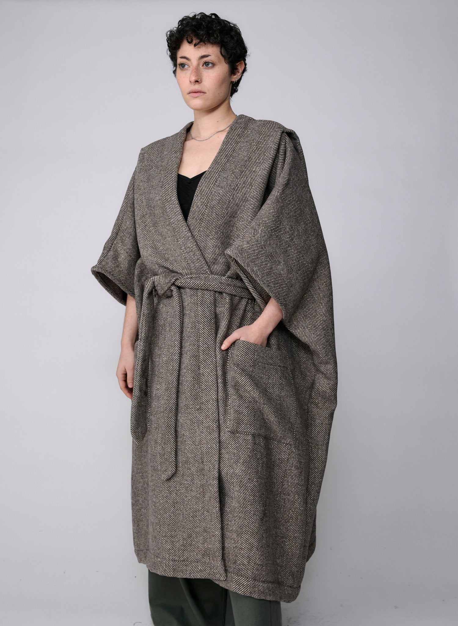 Draped Coat - Ivory Herringbone - Meg