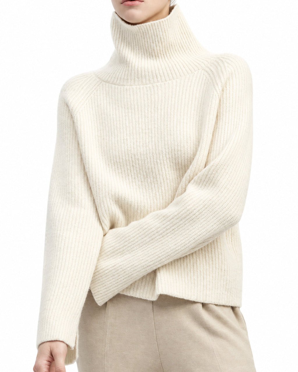 Funnel Neck Ribbed Pullover - Off-White - Meg