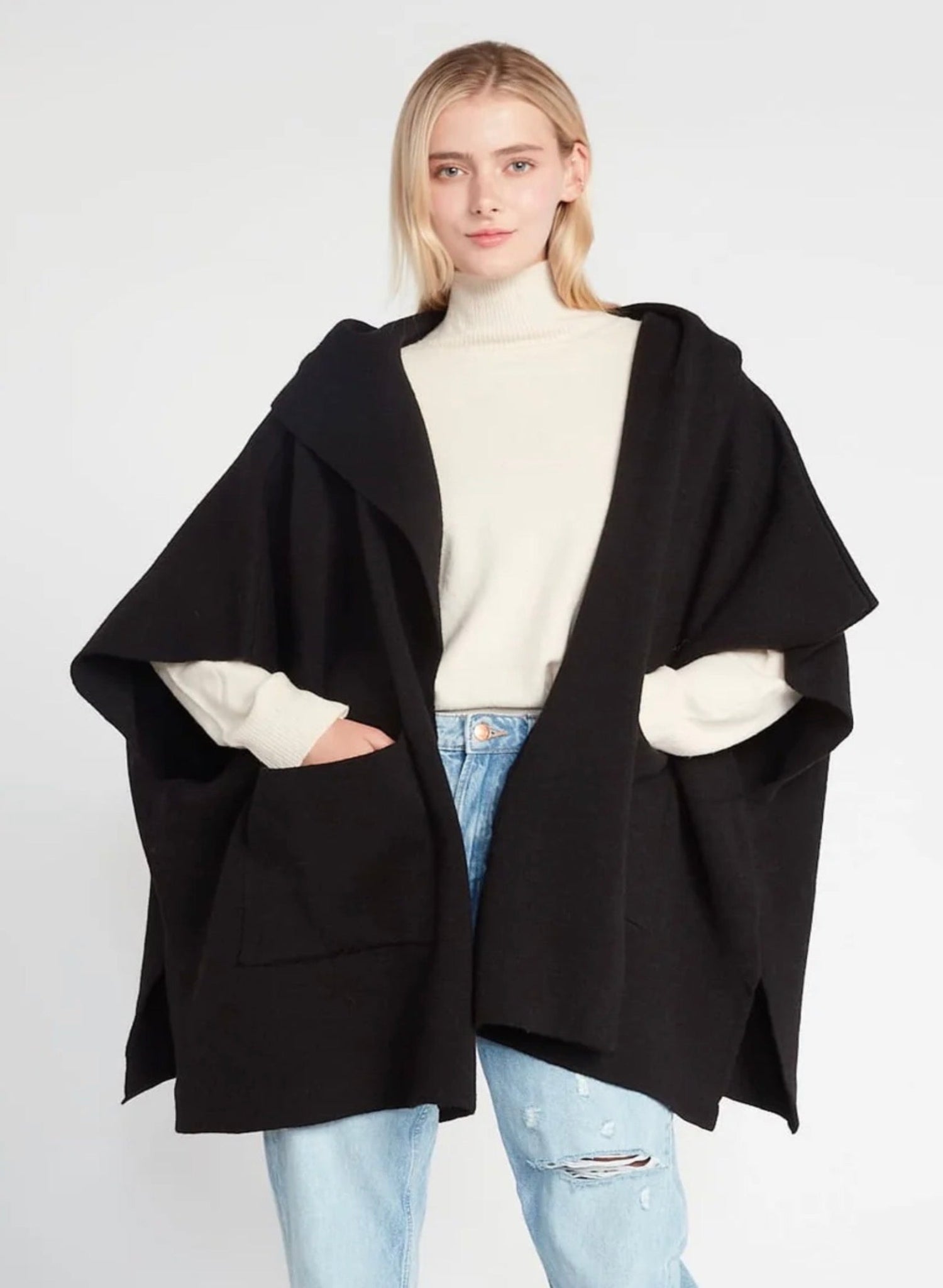 Hooded Cape Poncho Sweater Cardigan Black - Meg