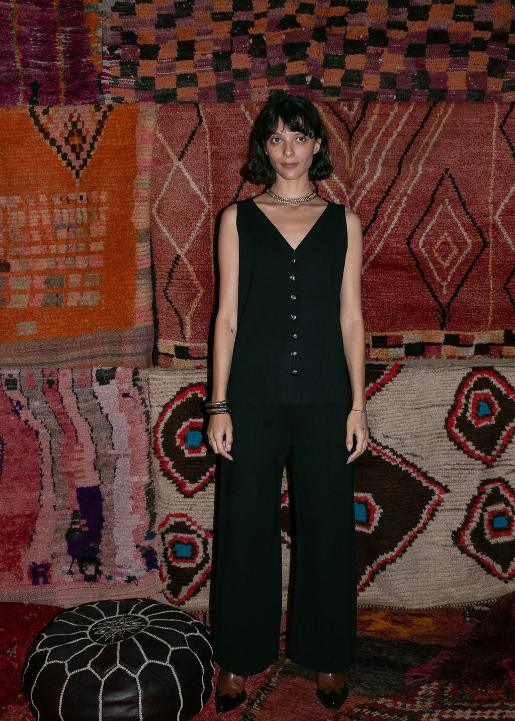 Sleeveless front button vest top - black - Meg