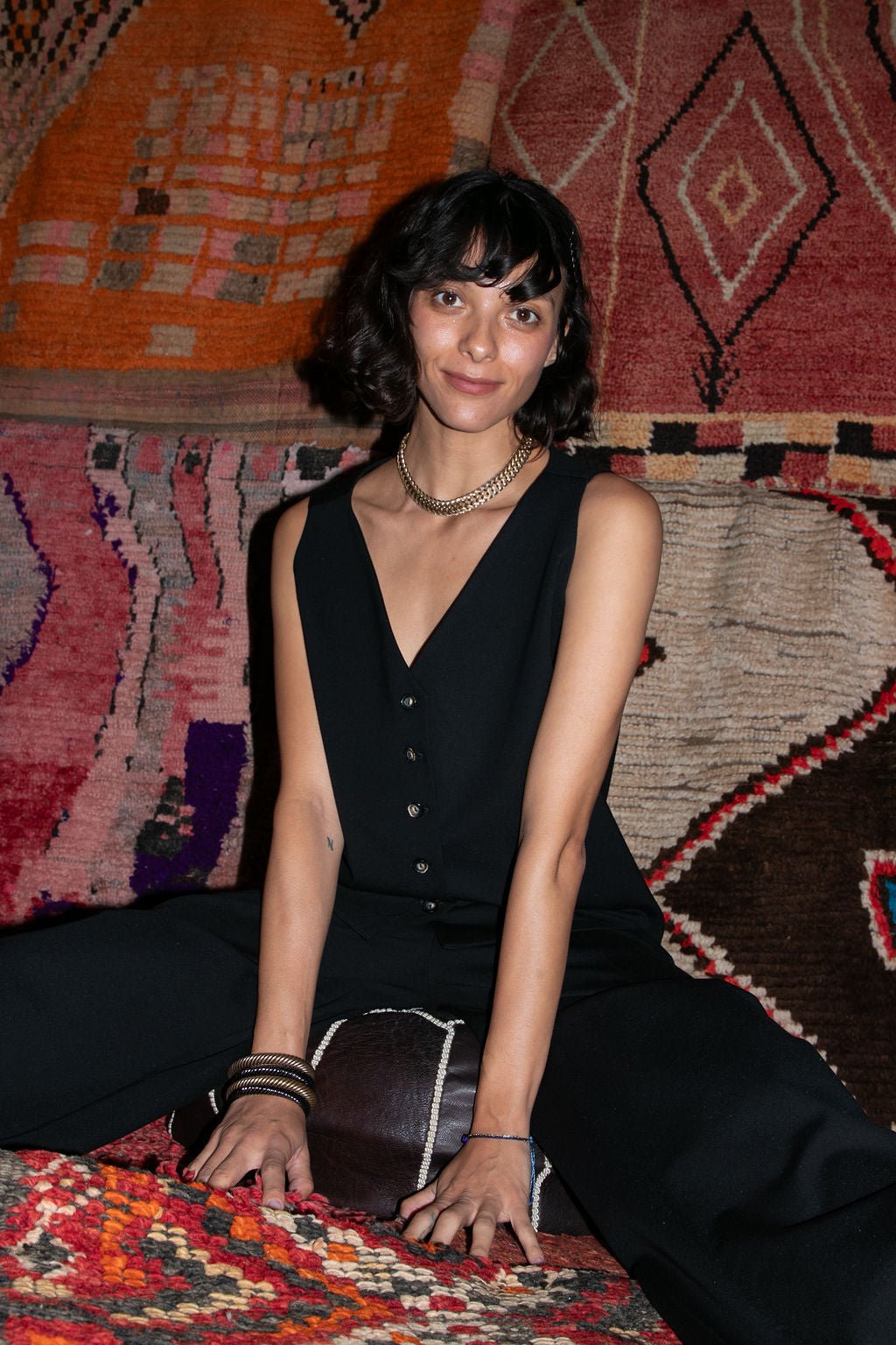 Sleeveless front button vest top - black - Meg