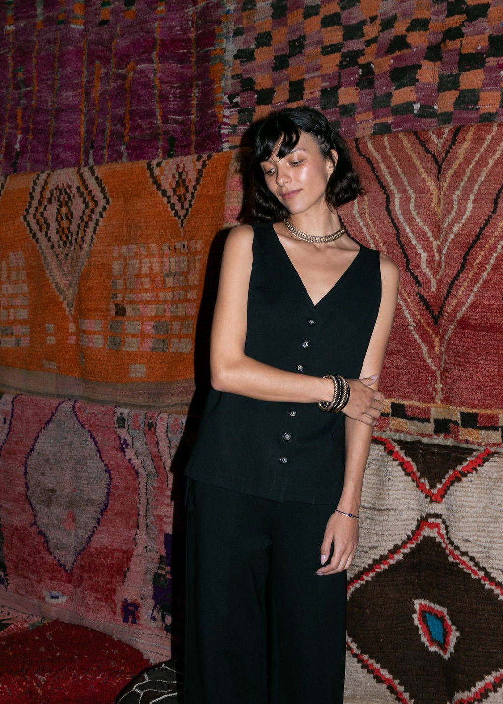 Sleeveless front button vest top - black - Meg