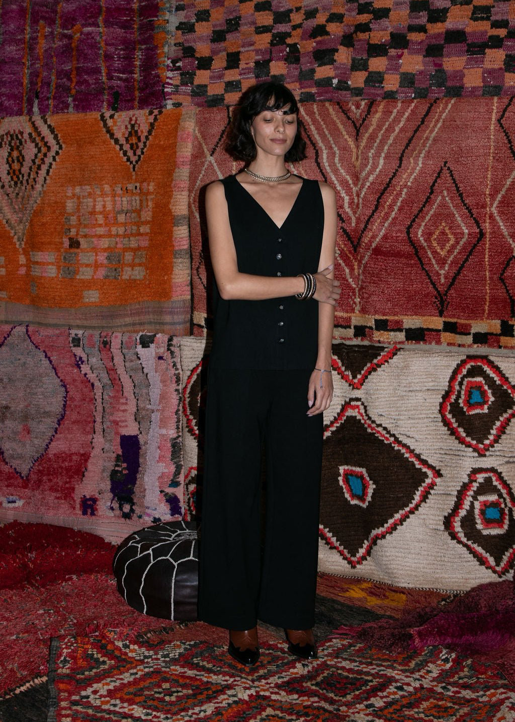 Sleeveless front button vest top - black - Meg