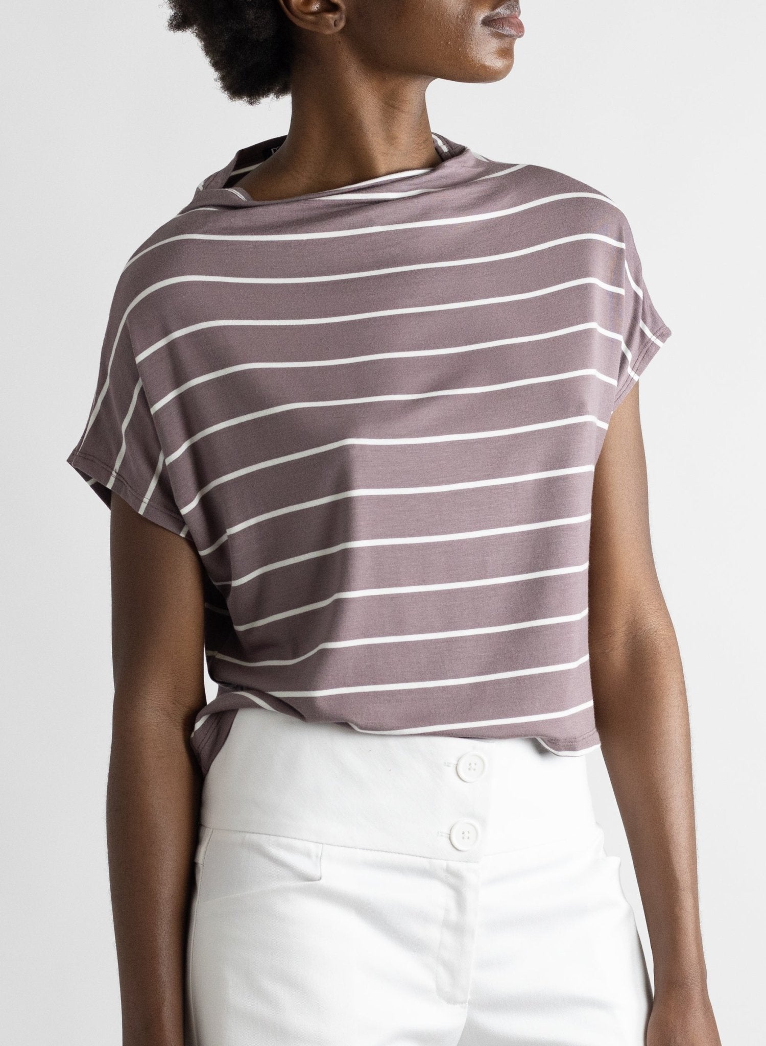 Mock Neck Tee - Mauve/White Stripe - Meg