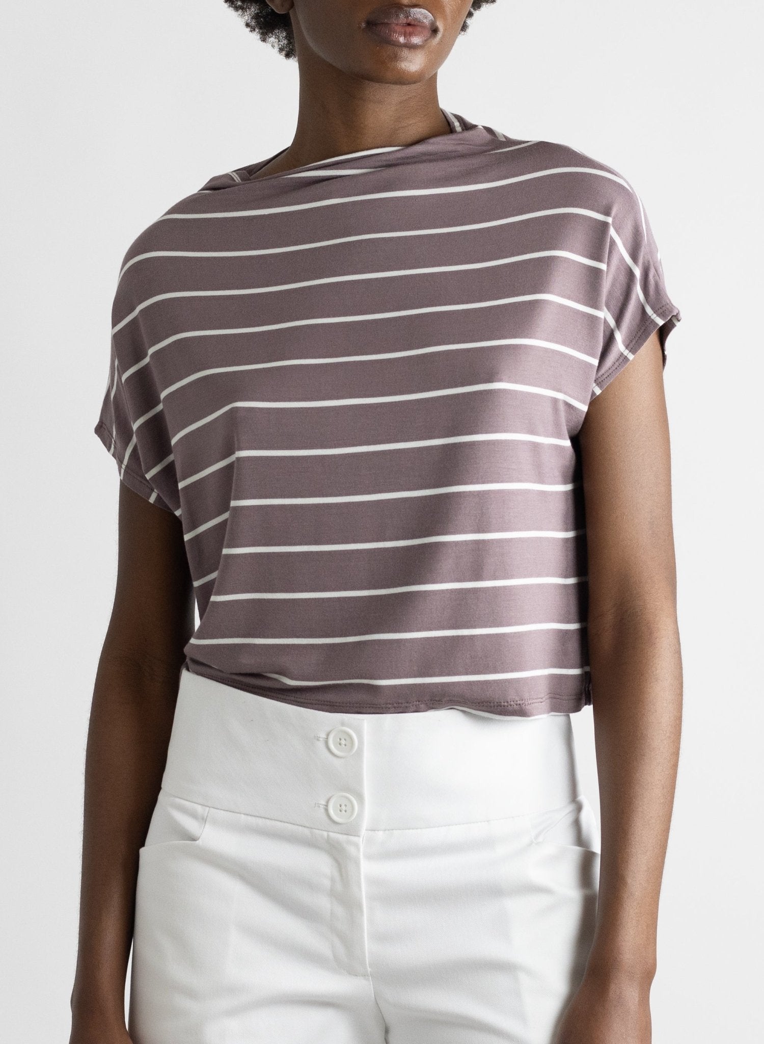 Mock Neck Tee - Mauve/White Stripe - Meg