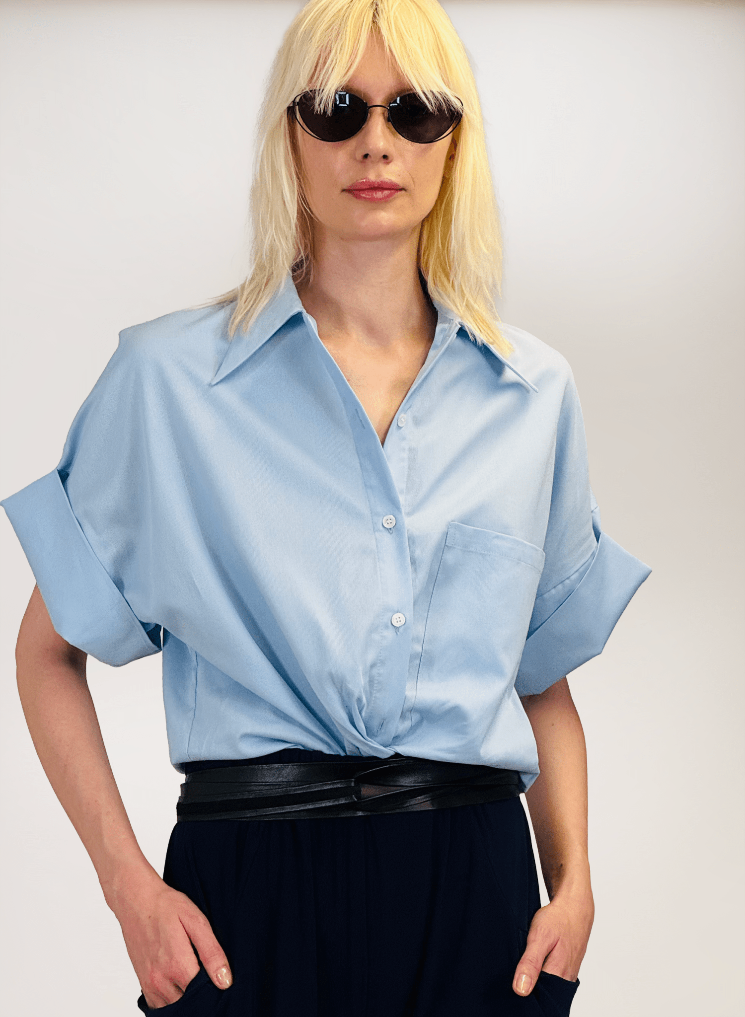 Short sleeve collared button up shirt - cropped button up - light blue - Meg