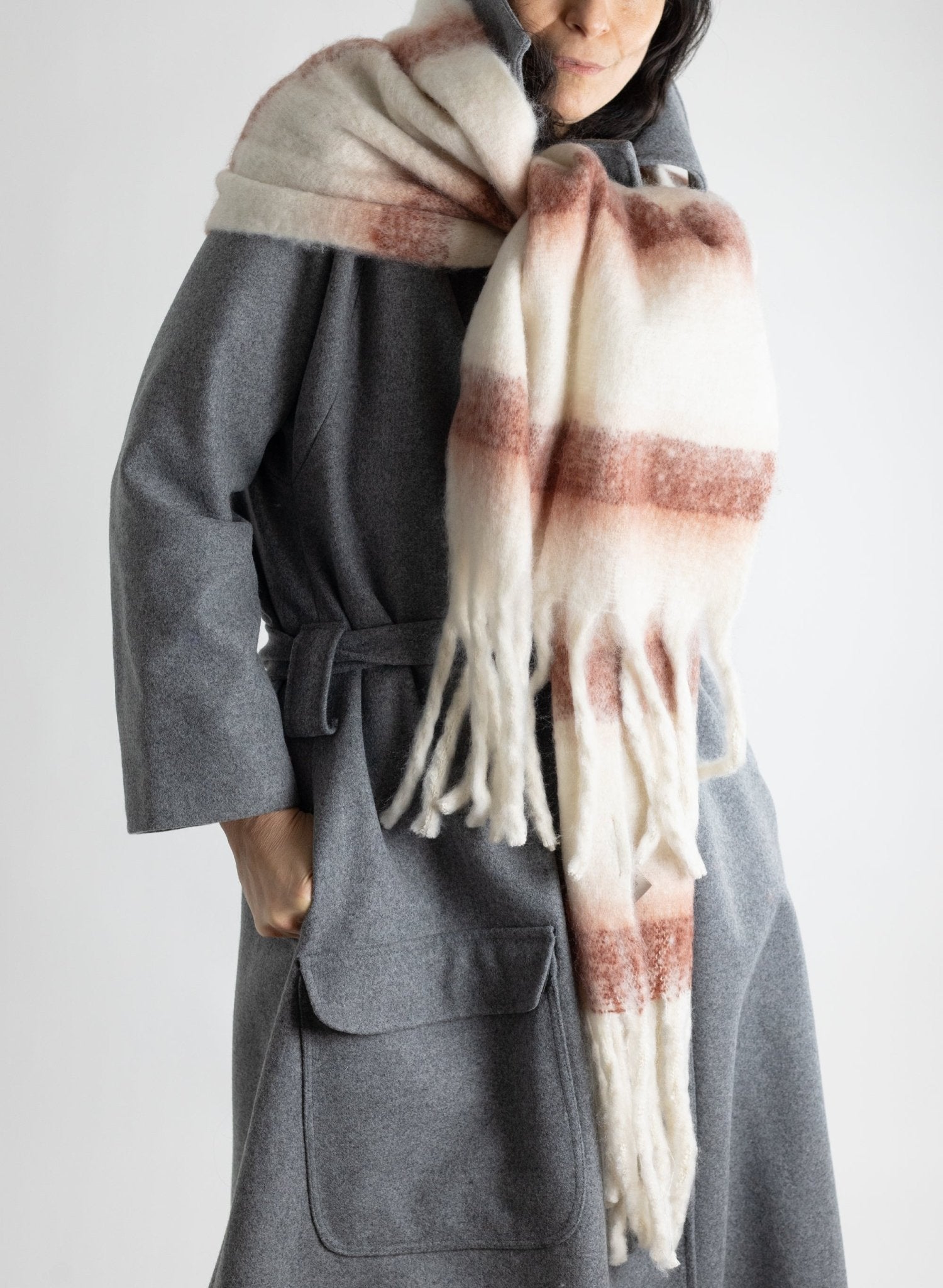 Plaid Fringe Scarf - Beige - Meg