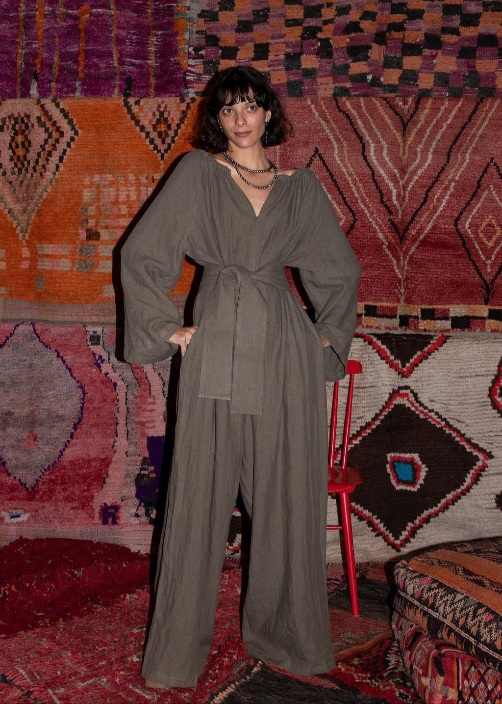 Woven hemp front zip Jumpsuit - slightly oversized maxi length - long sleeves and wrap belt  - Olive Green Khaki - Meg