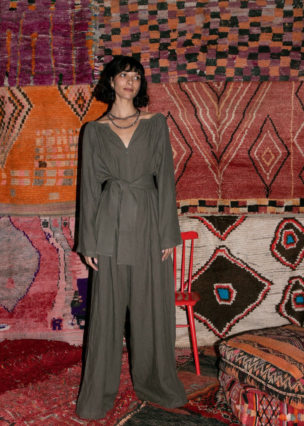 Woven hemp front zip Jumpsuit - slightly oversized maxi length - long sleeves and wrap belt  - Olive Green Khaki - Meg