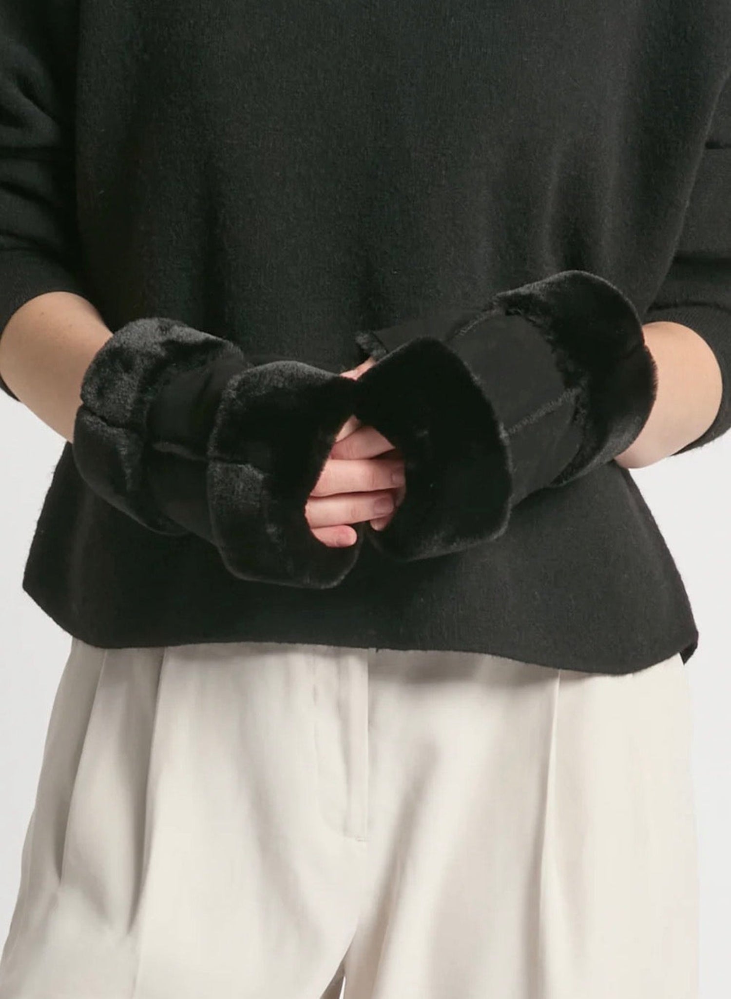 Sheepskin Shearling Fingerless Gloves - Black - Meg