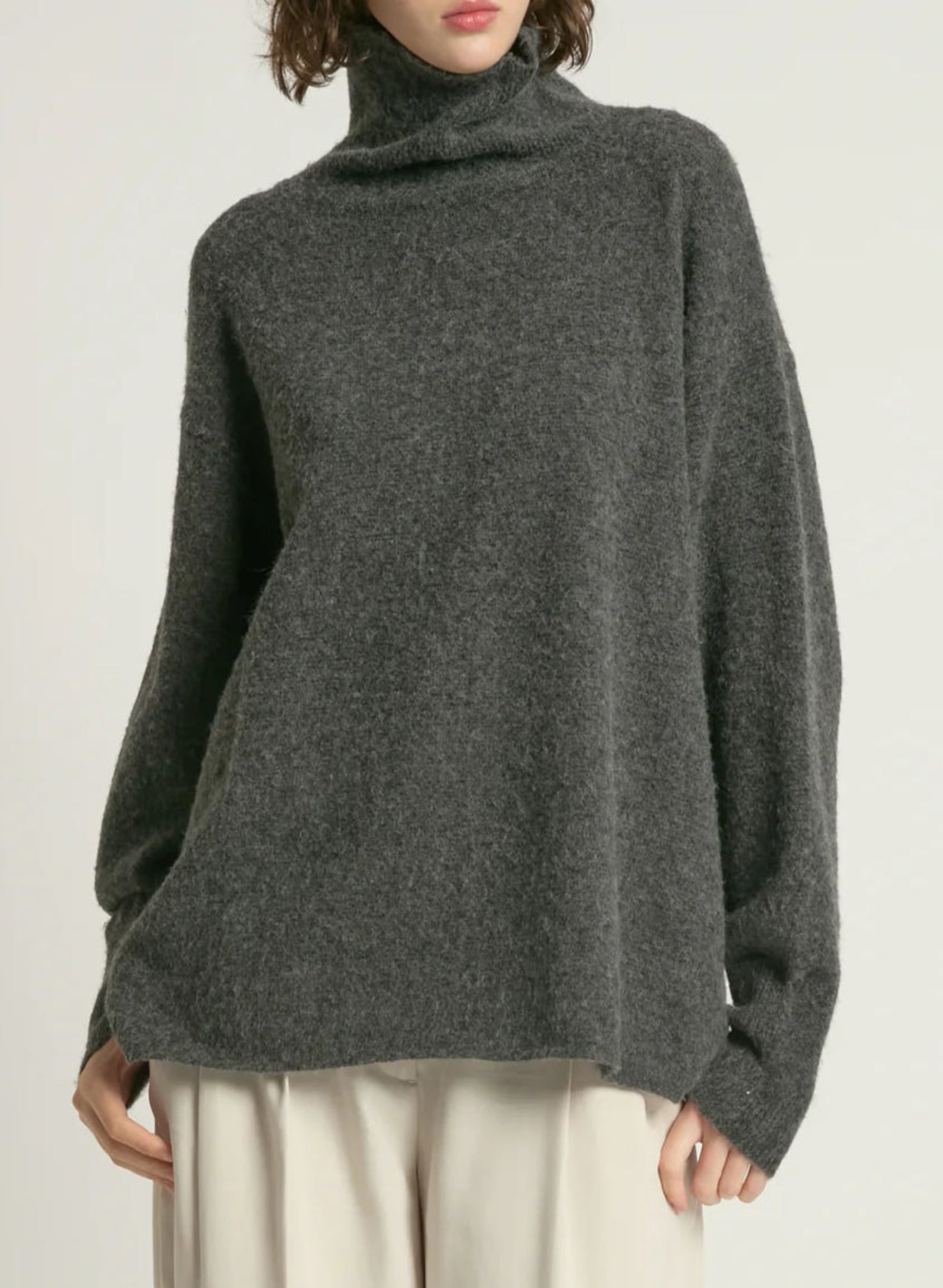 Slouchy oversized charcoal grey turtleneck sweater pullover