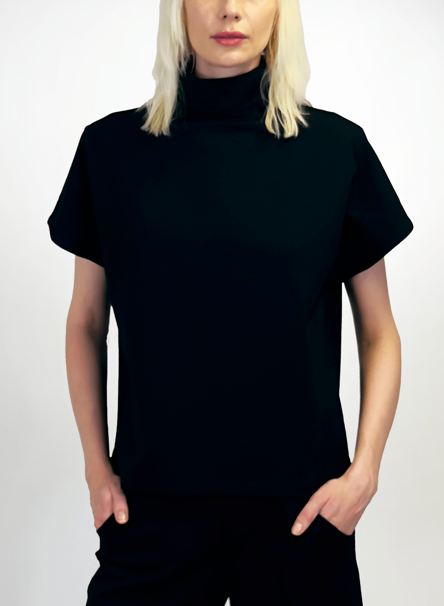Short sleeve mod mock turtle neck ponte top - Black - Meg