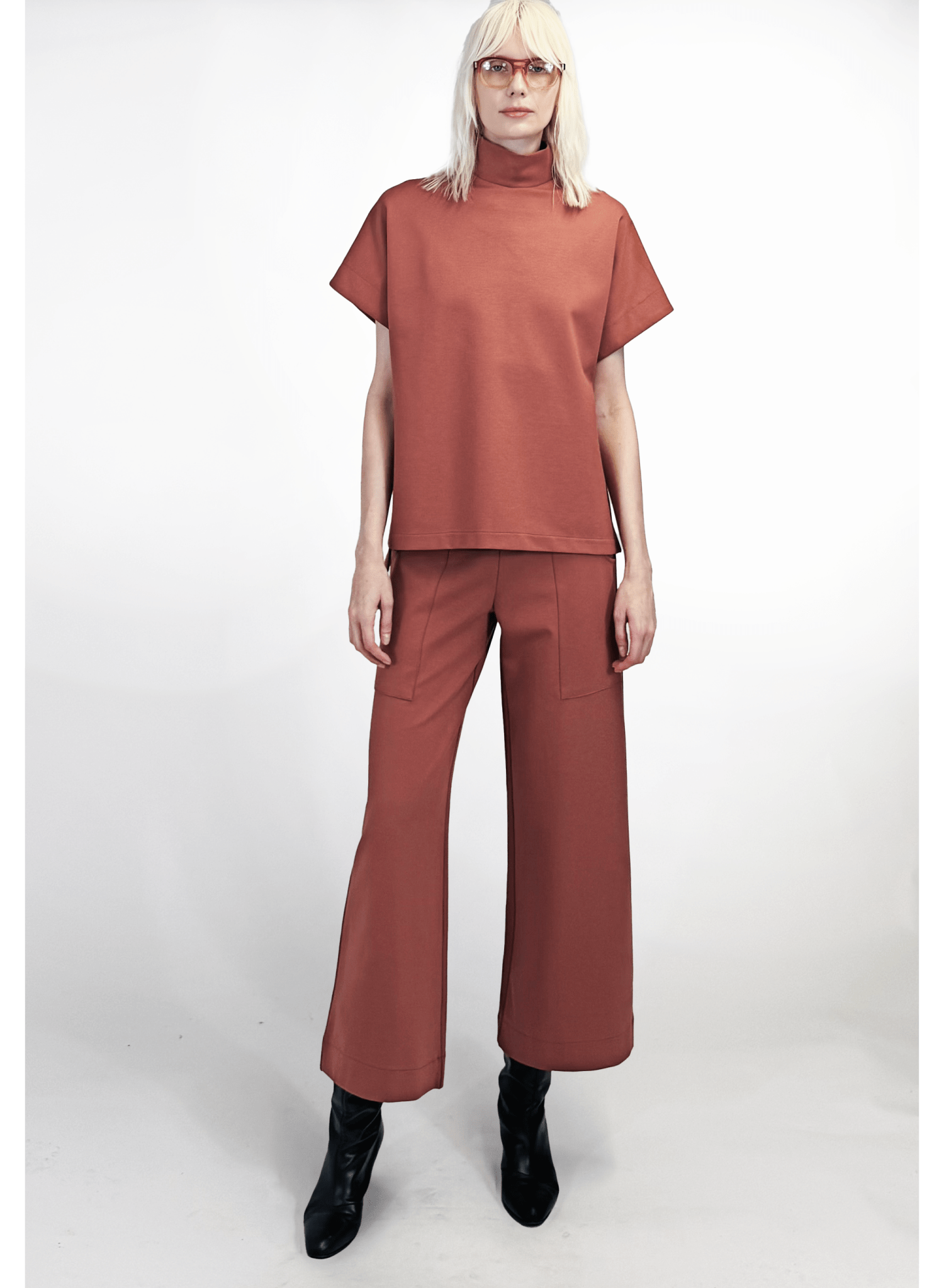 Short sleeve mod mock turtle neck ponte top - dessert rose pink - Meg