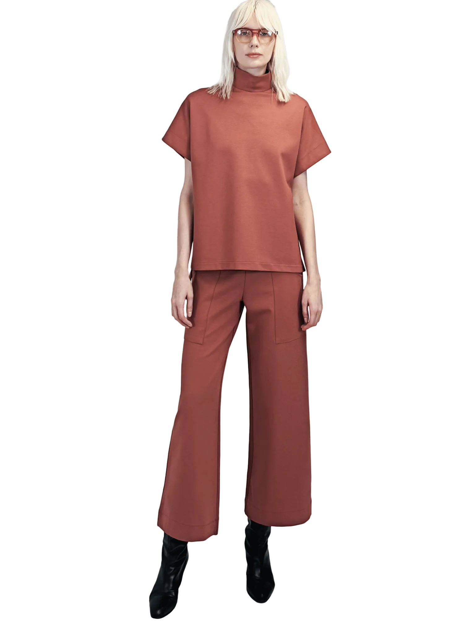 Short sleeve mod mock turtle neck ponte top - dessert rose pink - Meg