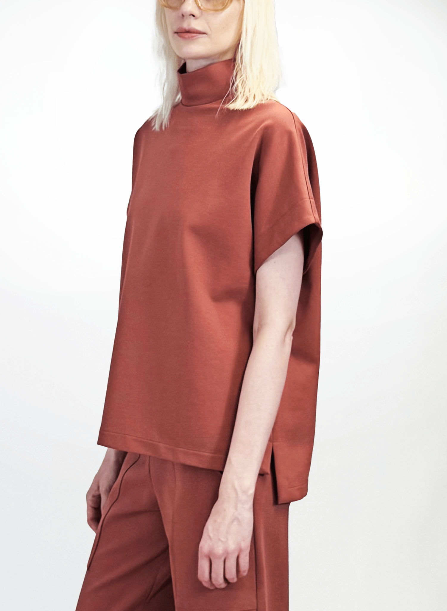 Short sleeve mod mock turtle neck ponte top - dessert rose pink - Meg