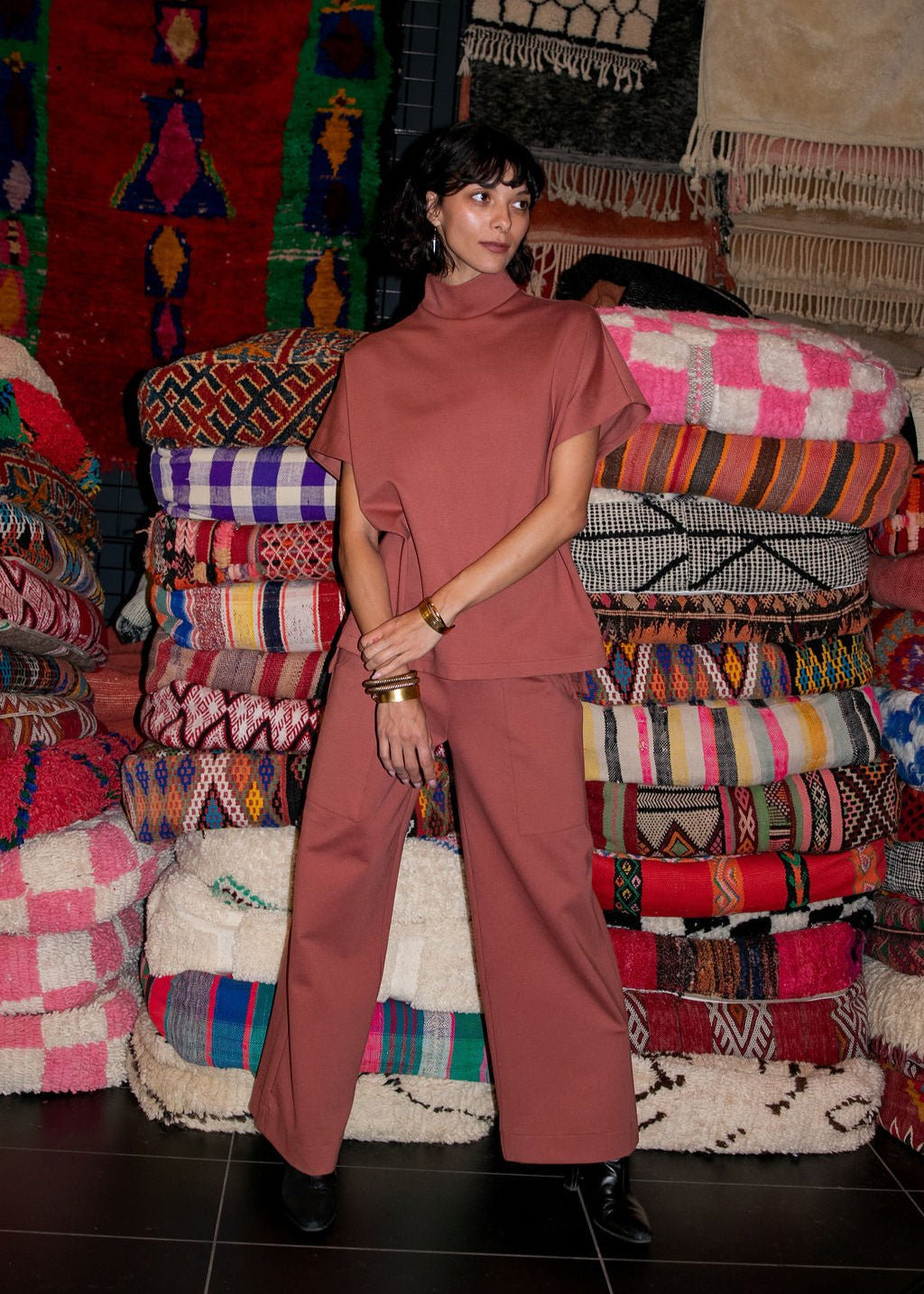 Short sleeve mod mock turtle neck ponte top - dessert rose pink - Meg