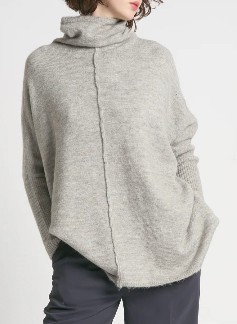 Slouchy oversized turtleneck pullover sweater in heather grey melange knit