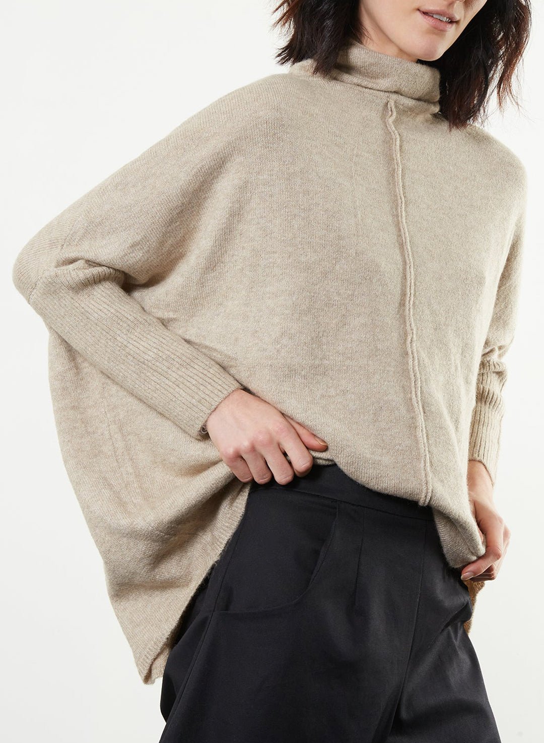 Soft Seamed Turtleneck Sweater - Taupe - Meg