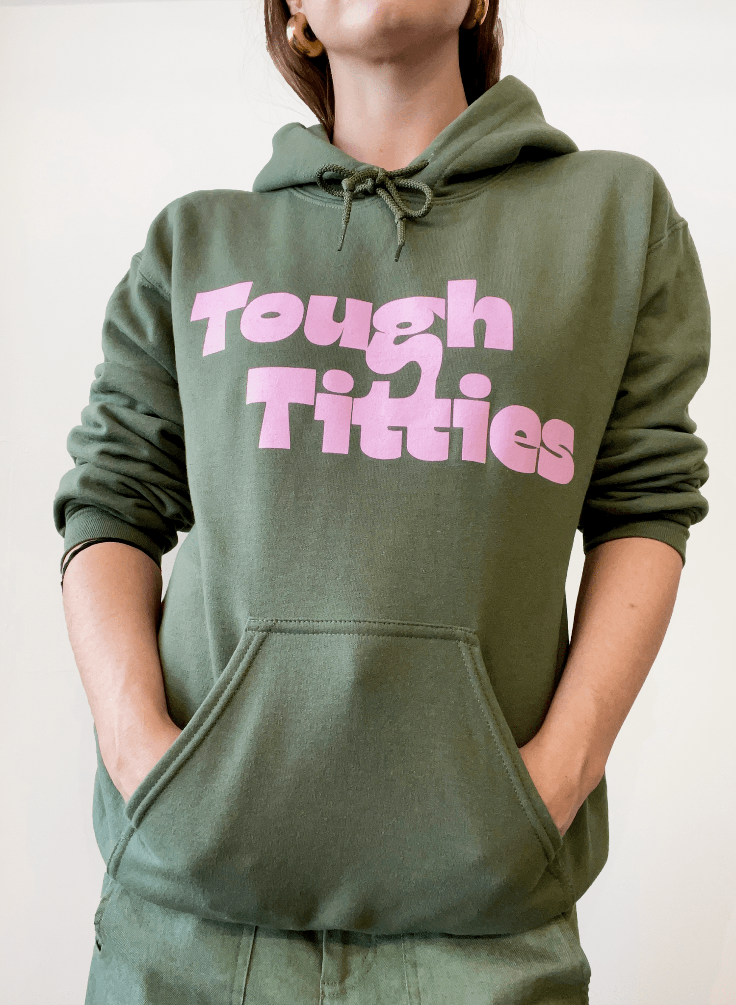 Tough Titties Hooded sweatshirt - Olive and Pink - Breast Cancer Awareness - Meg
