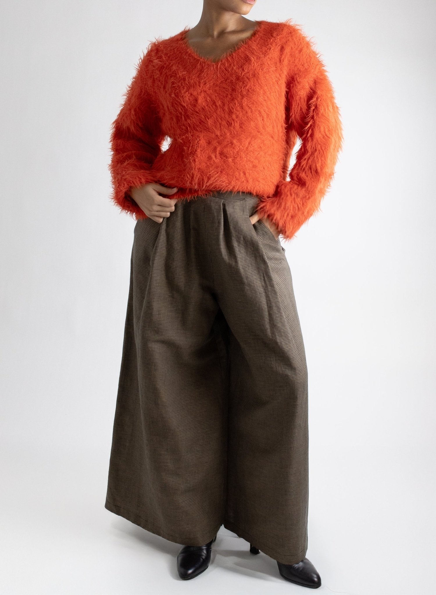 V - Neck Fuzzy Sweater - Flame - Meg