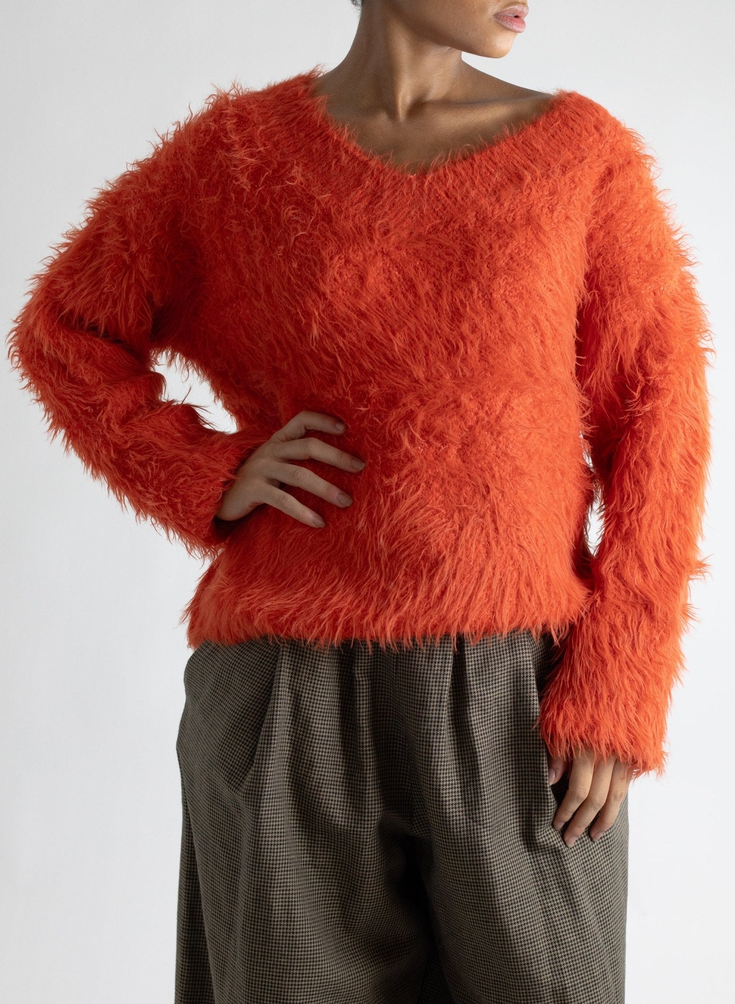 V - Neck Fuzzy Sweater - Flame - Meg