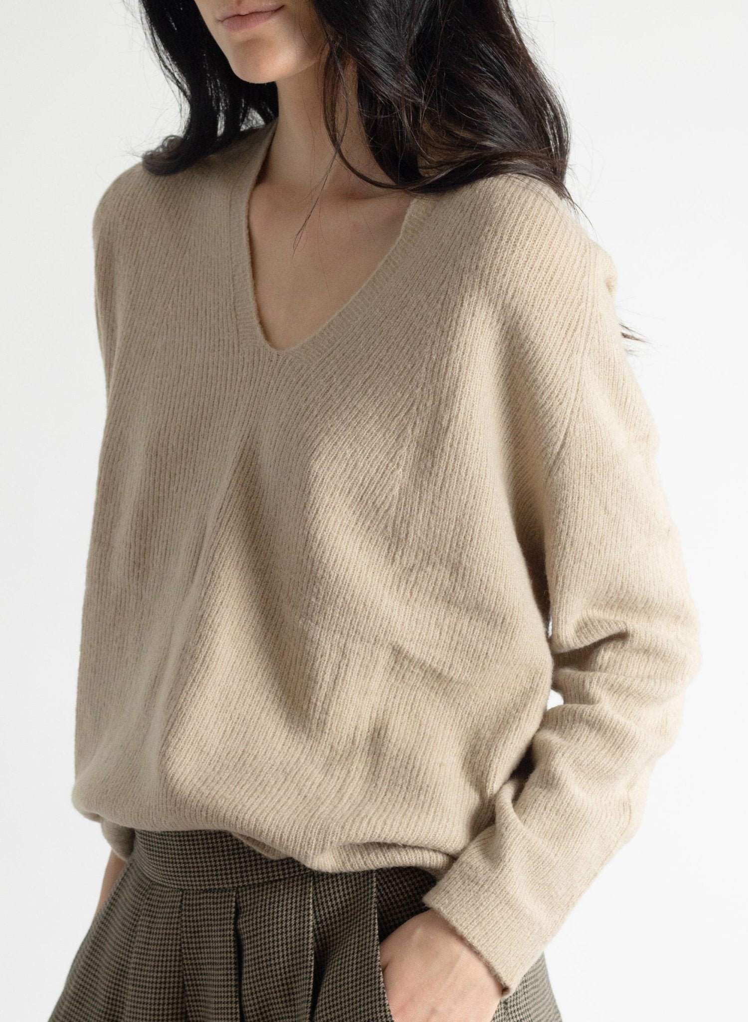 V - Neck Rib Knit Sweater - Tan - Meg