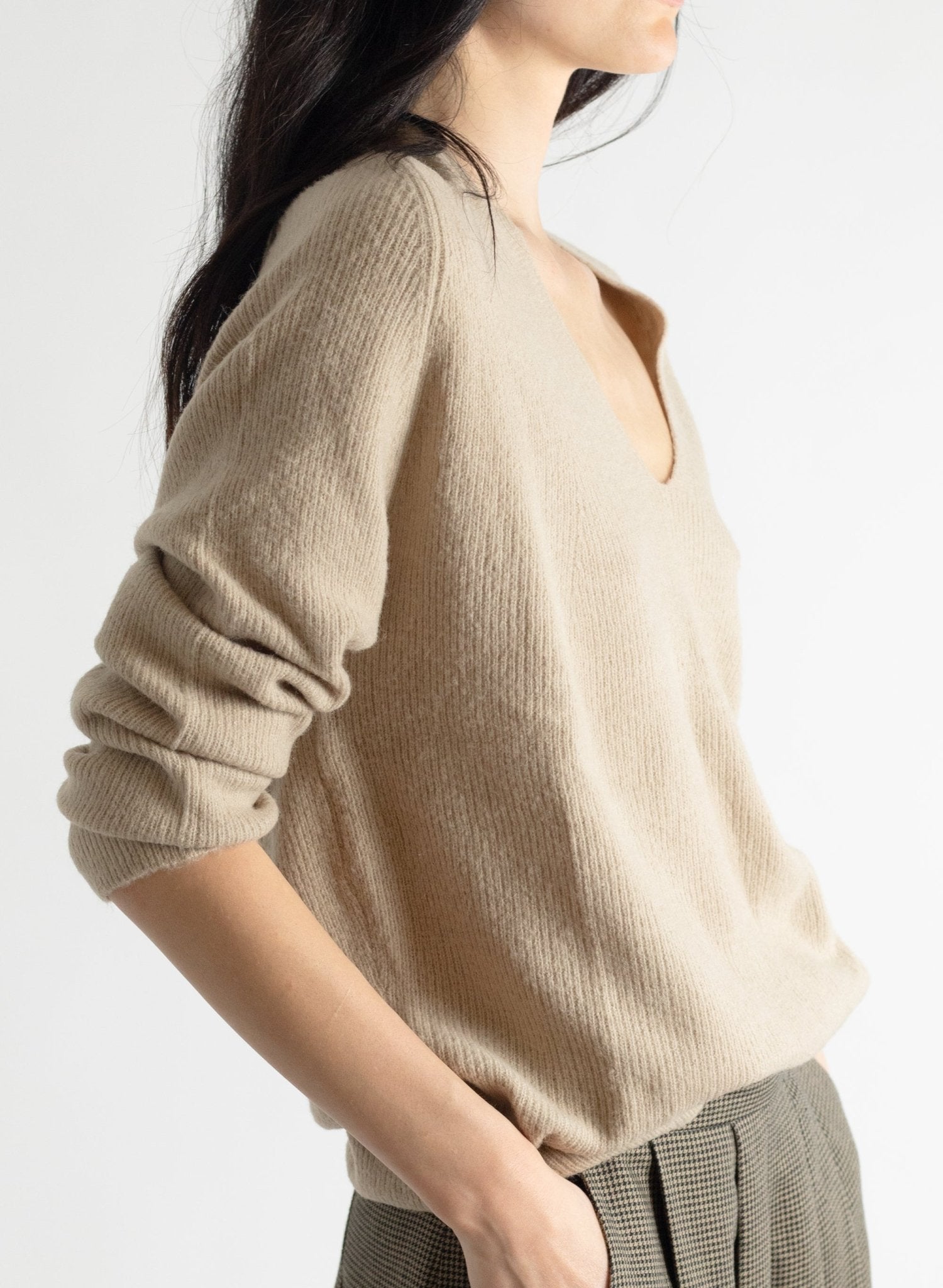 V - Neck Rib Knit Sweater - Tan - Meg