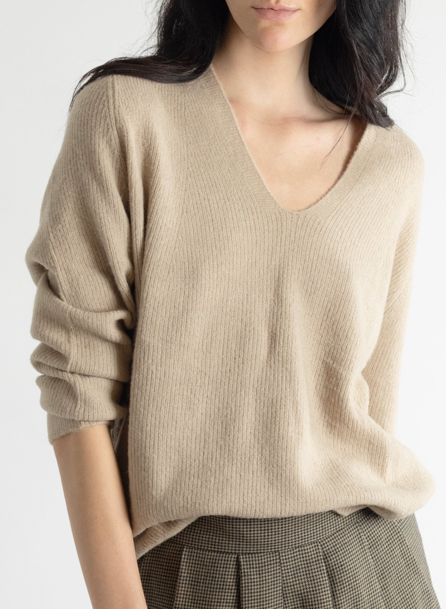 V - Neck Rib Knit Sweater - Tan - Meg