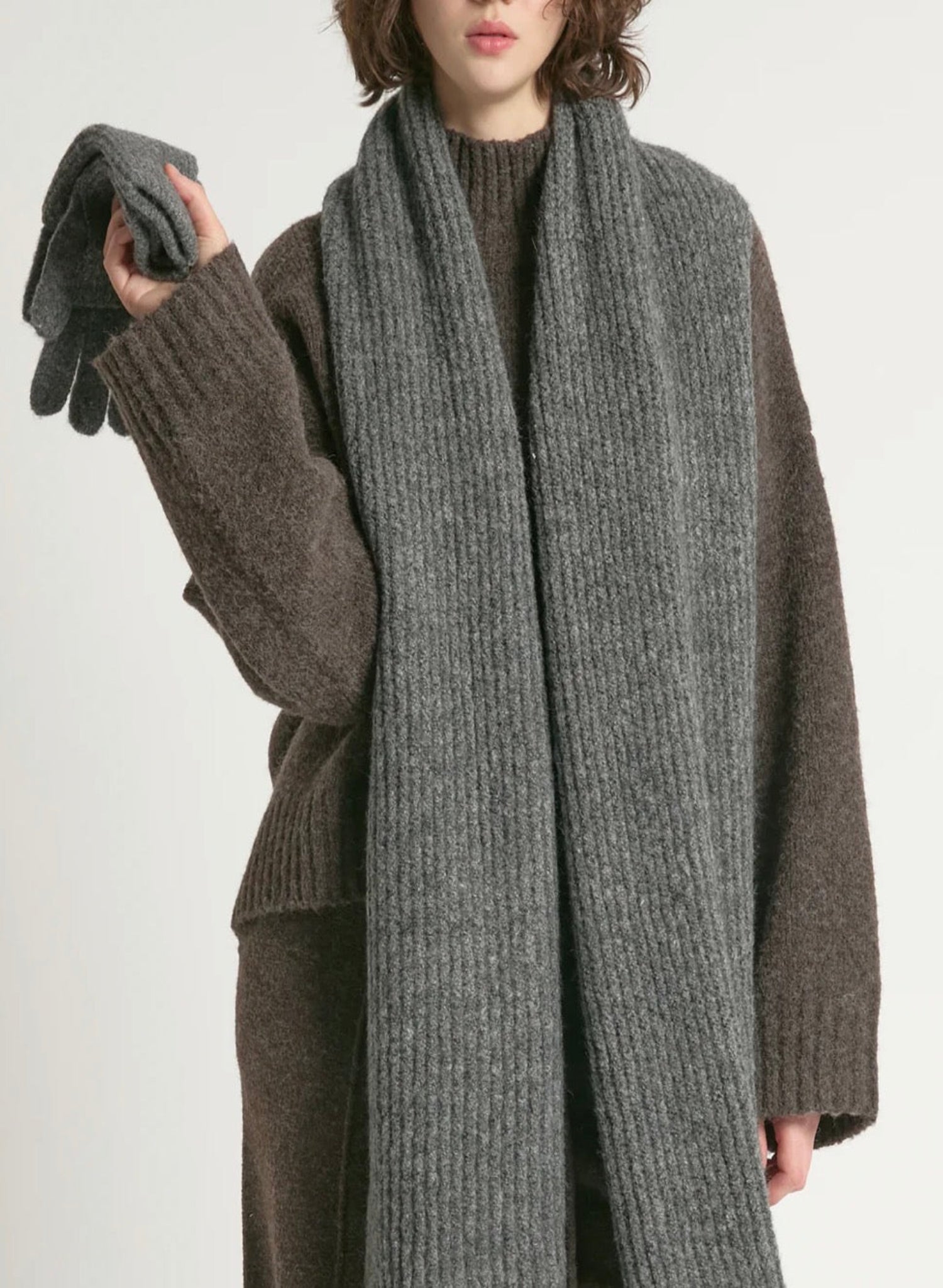 Wool Blend Rib Knit Scarf - Charcoal - Meg