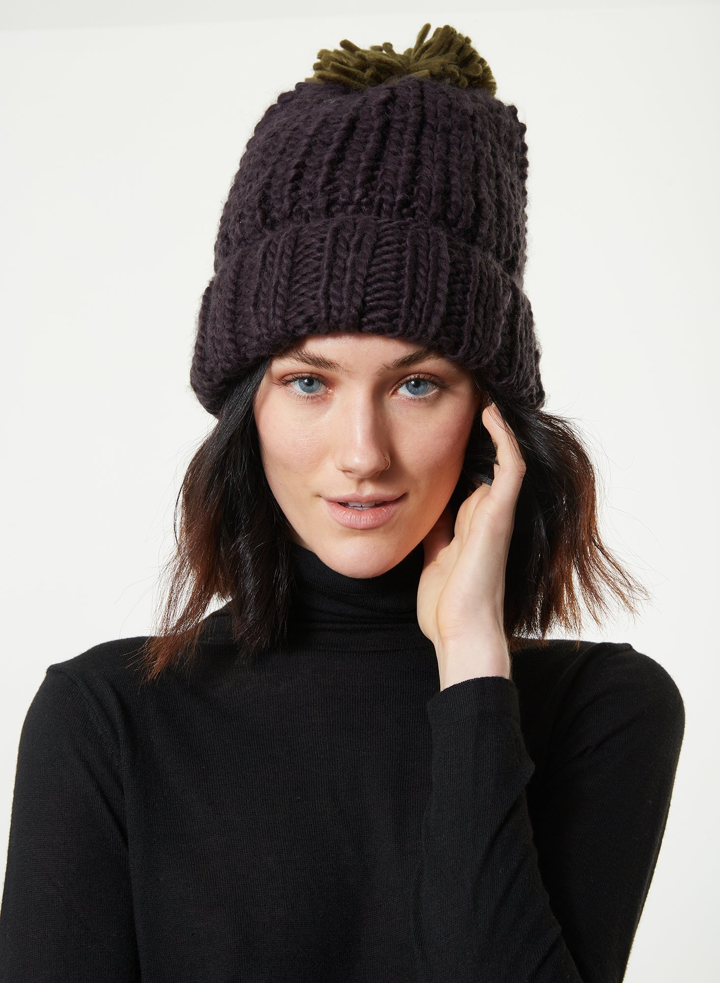 Hand Knitted Pom Pom Hat - Black - Meg