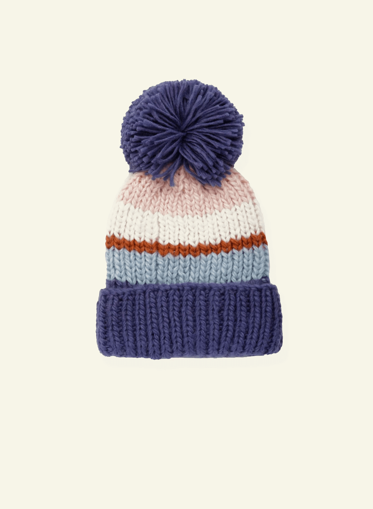 Hand Knitted Pom Pom Hat - Indigo Stripe - Meg